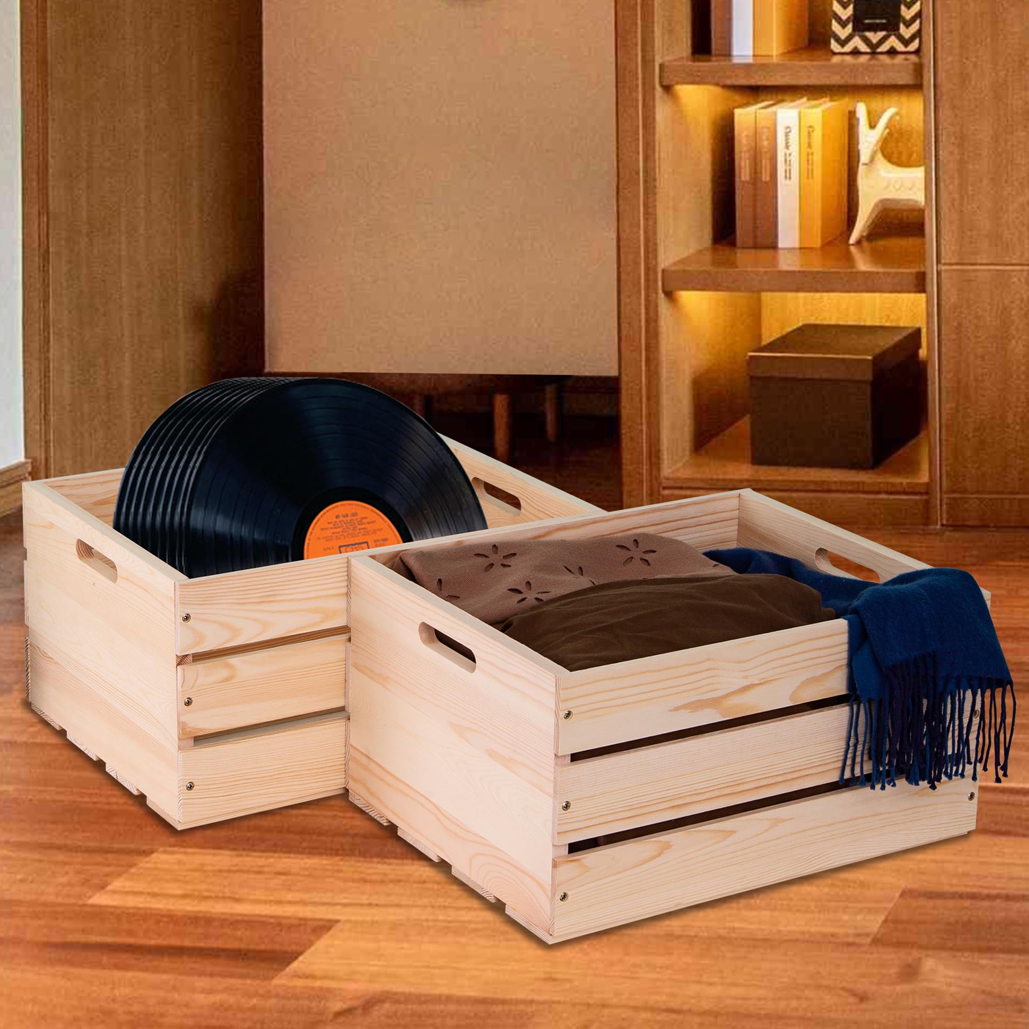 Extra Large Pine Wood Crates For Storage, Vinyl Records Storage Crates,The Storage Crates Are Made Of Pure Natural Solid Wood,Exuding Natural Pine Flavor,Unfinished Wooden Crates For Display . (1)