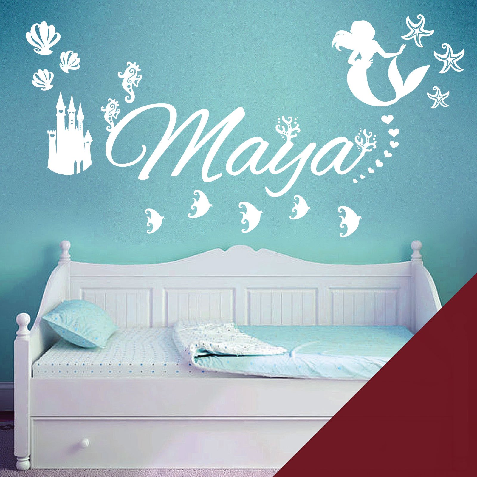 Personalised Name - Little Mermaid Inspired, Ocean, Castle, Starfish - Children's Bedroom Vinyl Wall Decal Sticker [Large] [Burgundy]