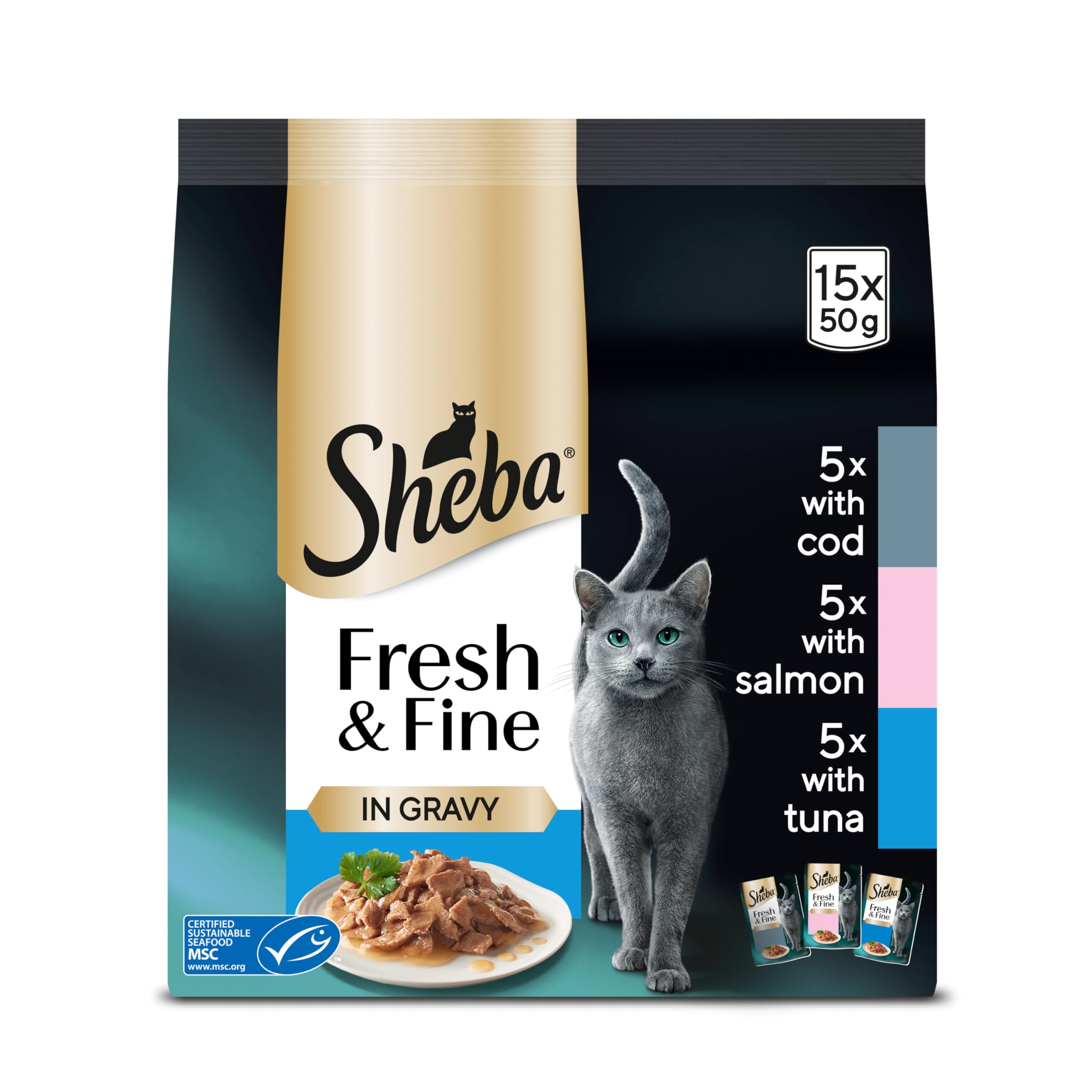 Sheba Cat Wet Food - Fresh and Fine - Cat Pouches Fish in Gravy - 3 x 15 x 50 g