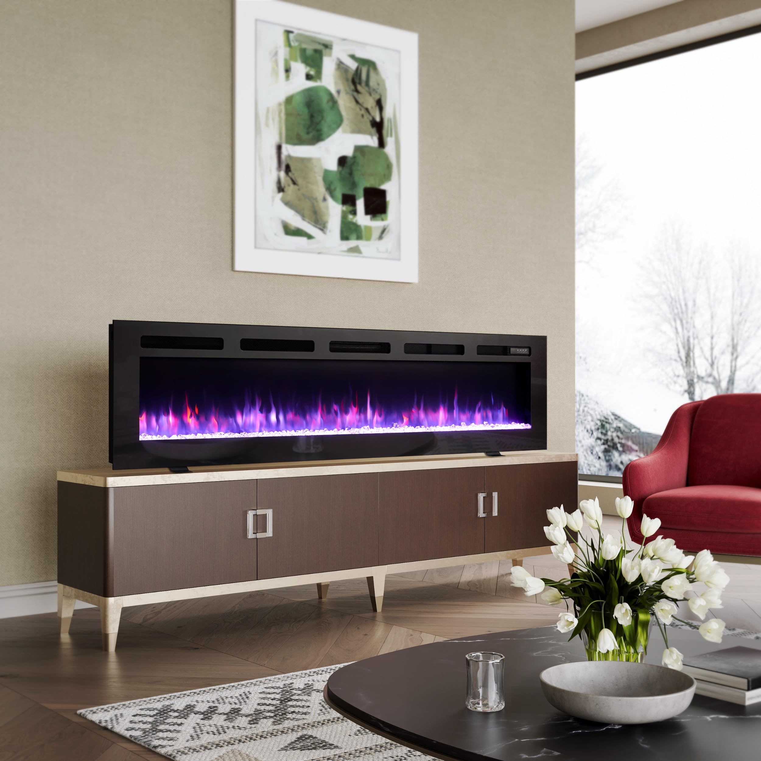 BALDERIA camino elettrico Leif 60"| Caminetto elettrico a pavimento o a muro con riscaldamento 2000 W | Effetto fiamma 3D | Focolare a terra o a parete con telecomando, timer, termostato | Nero