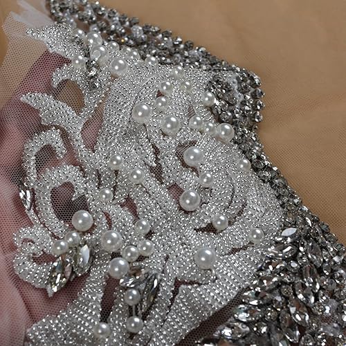 Miniatura 4 de La Belleza Parche de diamantes de imitación plateados para vestido, apliques de corpiño de cuentas hechos a mano para tela o novia, patrón grande de