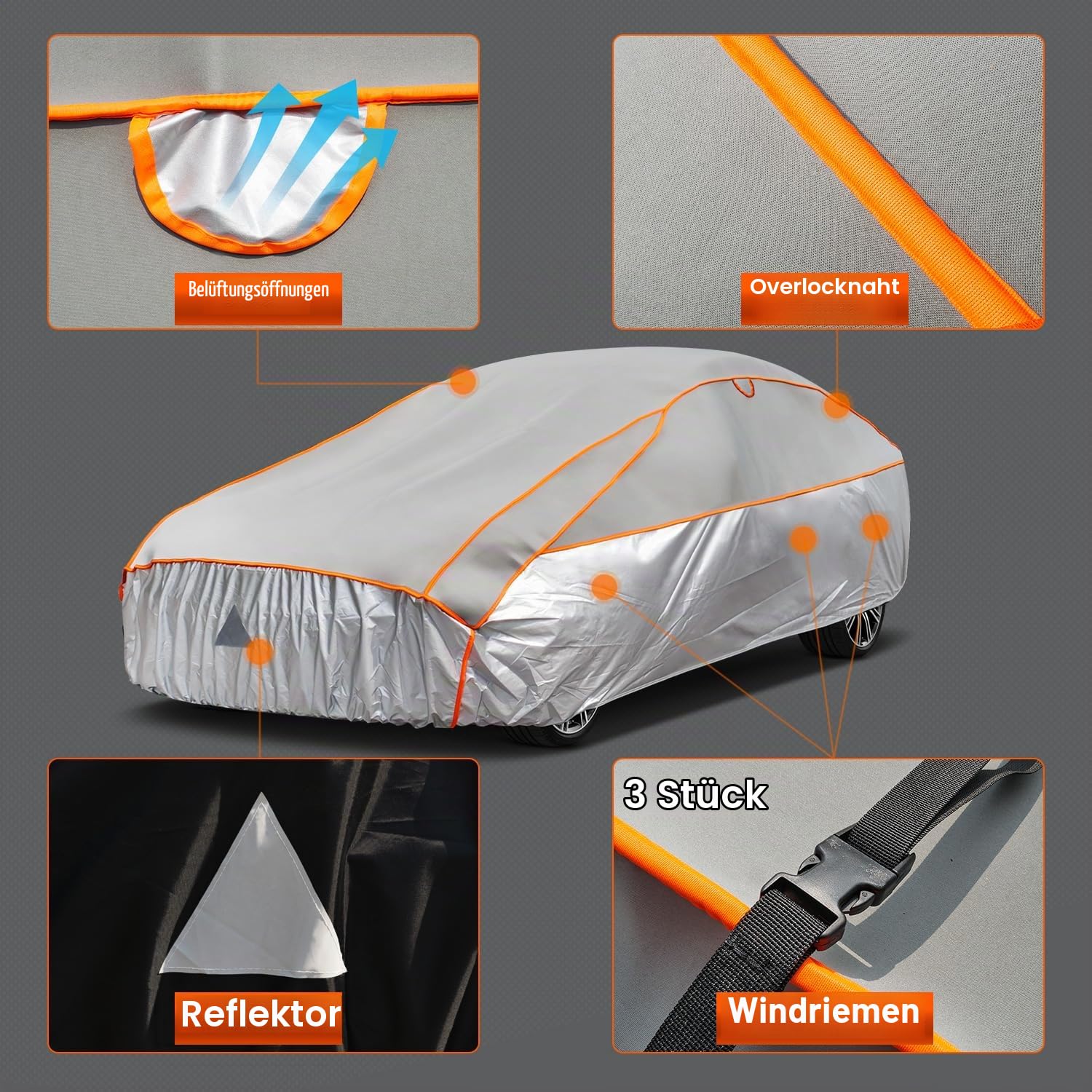 kayme Hagelschutzplane Auto Autoabdeckung Wasserdicht Atmungsaktiv. PKW Hagelschutzgarage, Abdeckplane für Hagel Sonne Regen Schutz, Hagelschutz vollgarage für Limousine (475 bis 495 cm) Grau