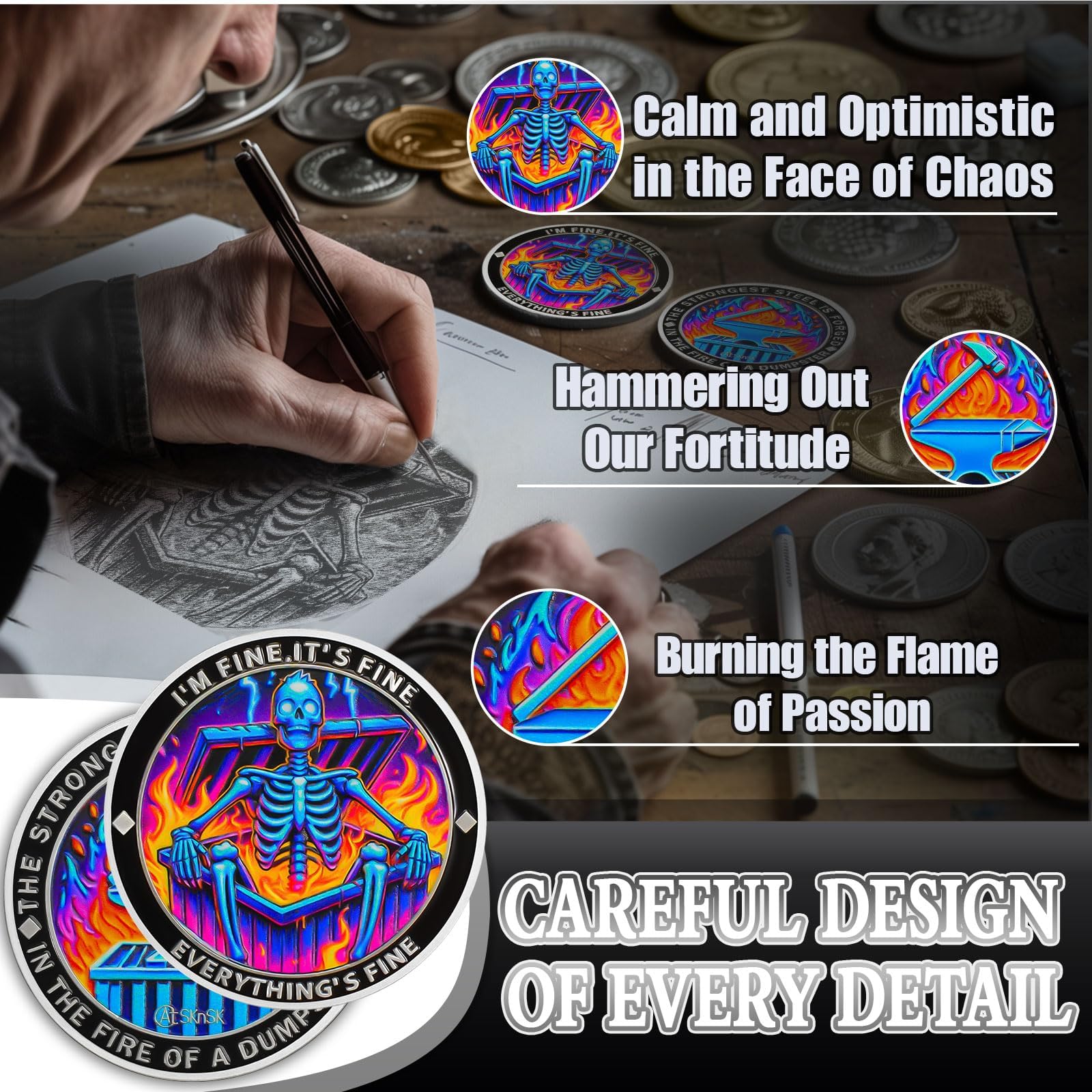 Purple Flame Skeleton Dumpster Fire Coin, I'm FINE Dumpster Fire Challenge Coin, Funny Office Desk Accessories - Image 3