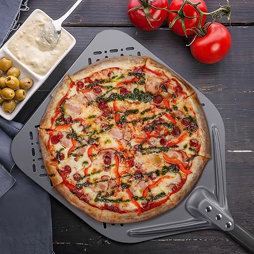 Miniatura 6 de Juego de cáscaras de pizza de 12 pulgadas + 9 pulgadas, cáscara perforada de torneado de pizza, paleta profesional de aluminio para pizza casera,