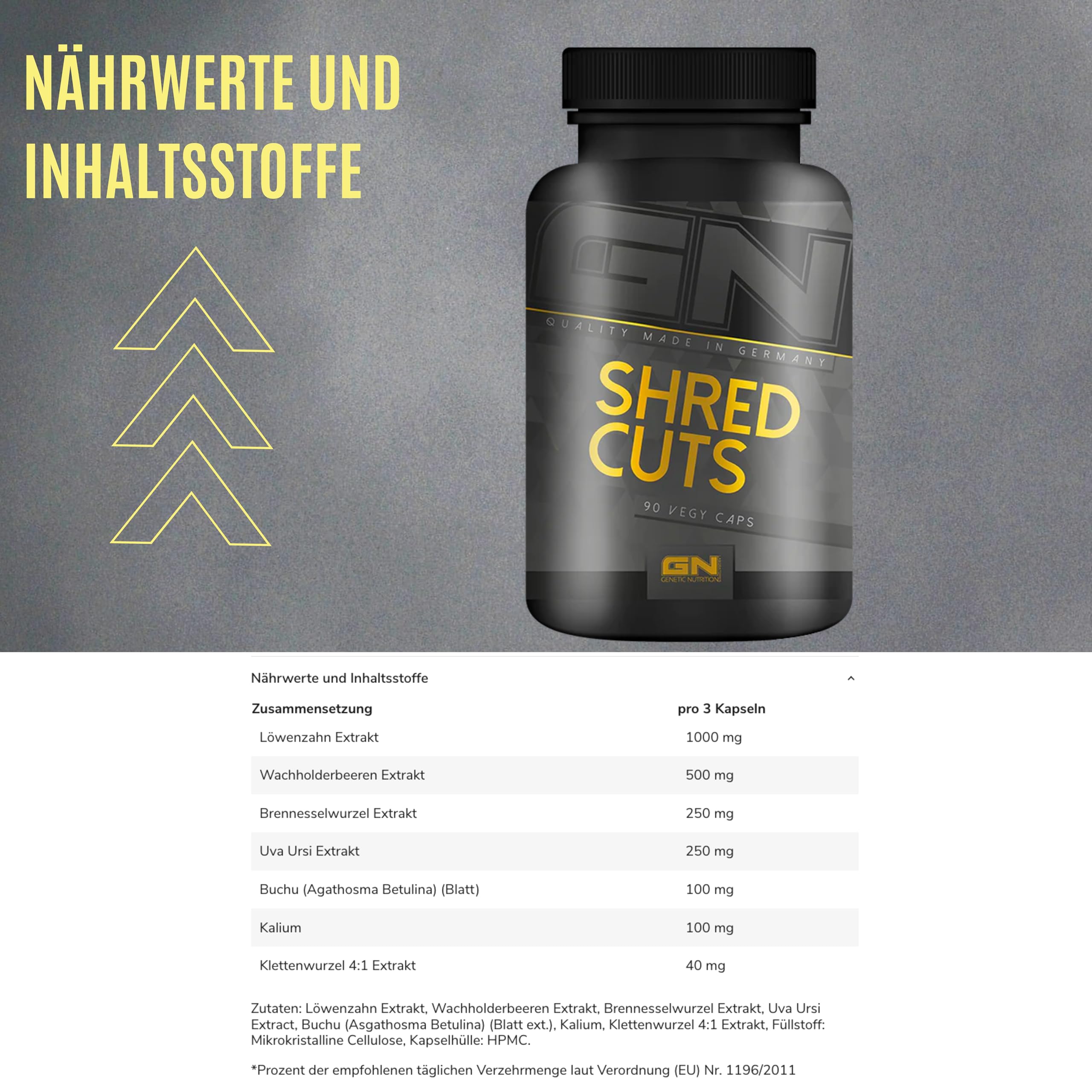 GN Laboratories Shred Cuts – Definieren - Löwenzahn Komplex – 1.000 mg Löwenzahnwurzelextrakt + Wacholder, Bärentraube & Brennnessel – Hochdosierte 10:1 Formel – 90 Vegane Kapseln