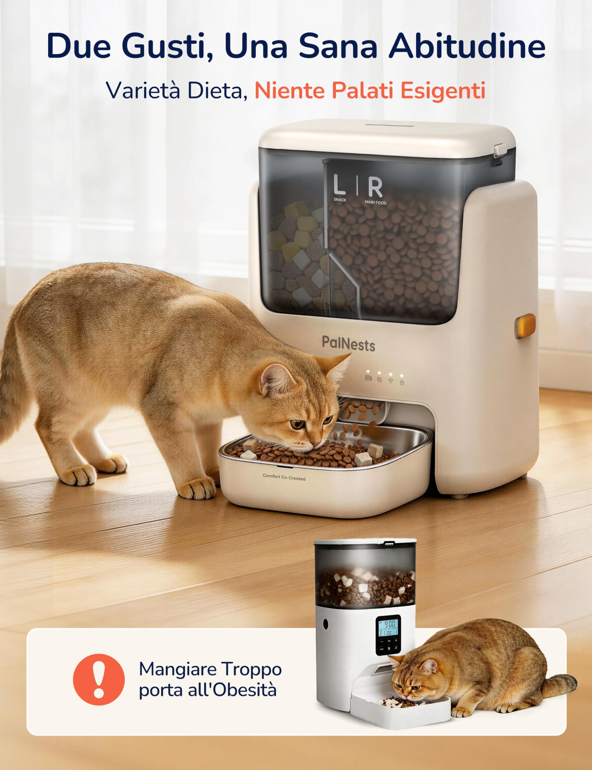 5L Distributore Automatico Cibo Gatti e Cani, WiFi 2.4G/5G con APP, Distributore a Doppio Scomparto, Timer Programmabile 1-10 Pasti al Giorno per 1-12 Porzioni, Ciotola in Acciaio Inox 304