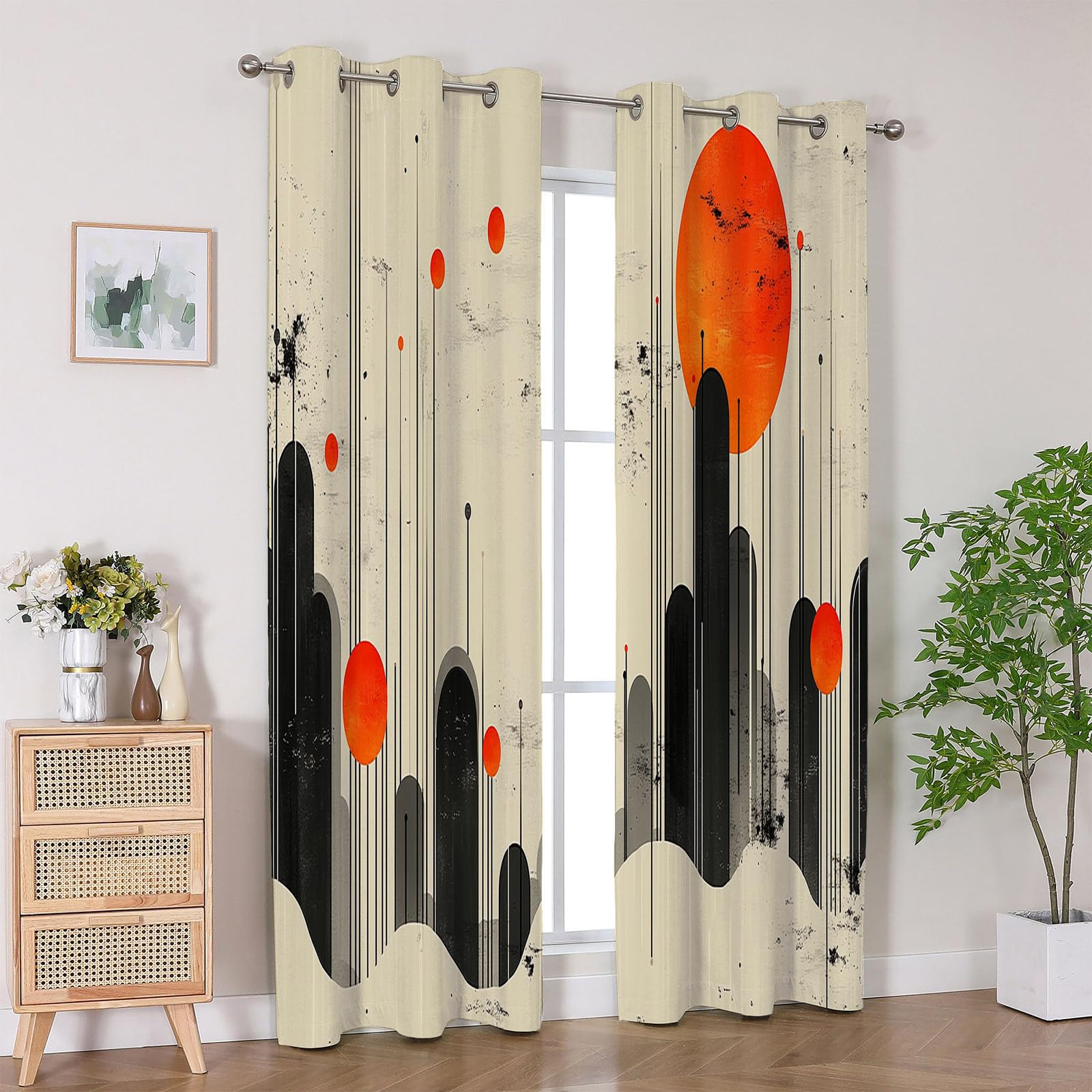 Vorhänge Blickdichte Retro - Minimalistisches Oranges Sonnenabstrakt Raumverdunklung, Vorhänge für Wohnzimmer und Schlafzimmer-H180 x B100 cm (2er Pack)