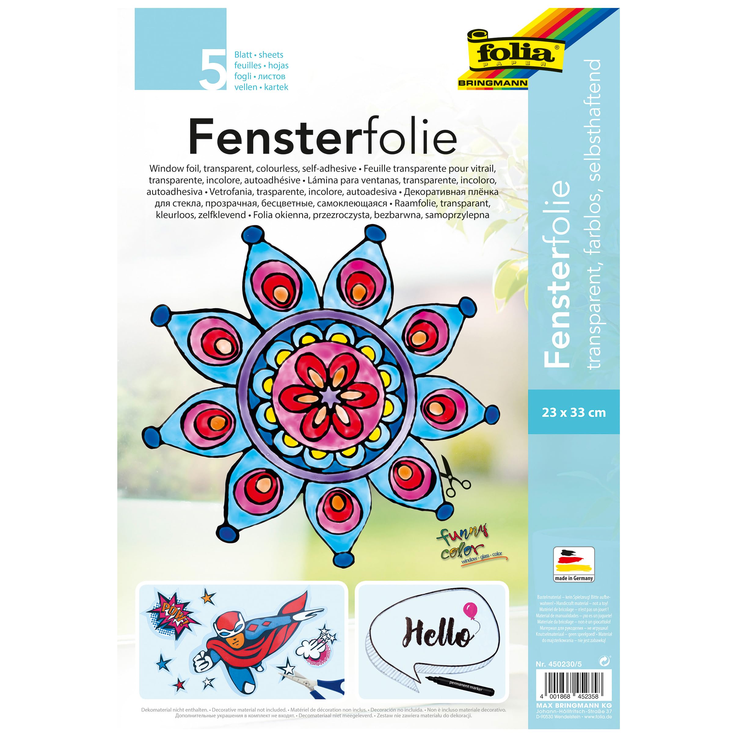 folia 450230/5 - Fensterfolie farblos, selbsthaftend, ca. 23 x 33 cm, 5 Bogen - ideal als Vorlagebogen für Fensterbilder, Window Color