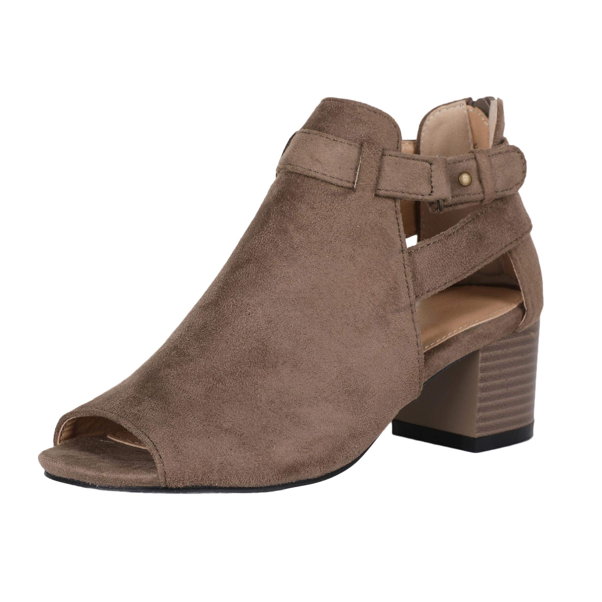 Ruanyu Womens Peep Toe Booties Cutout Chunky Block Heel Ankle Strap Heeled Sandals