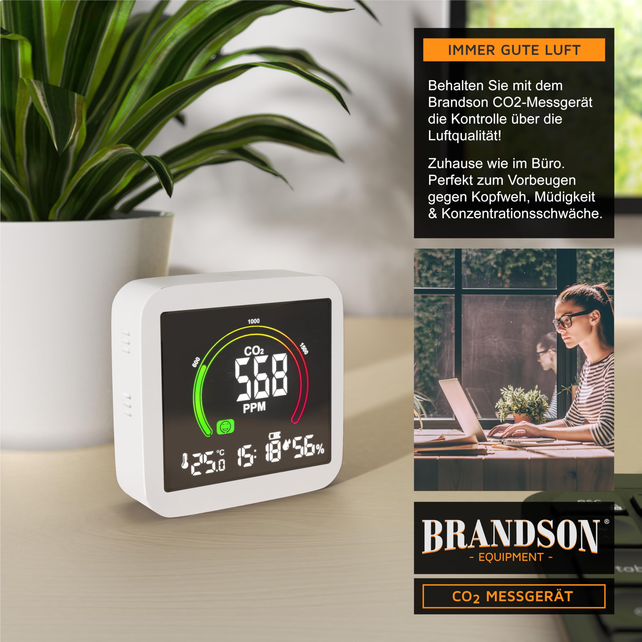 Brandson CO2 Melder Messgerät Luftqualitätsprüfer Kohlenstoffdioxid Sensor PPM Anzeige Alarm Thermometer Hygrometer