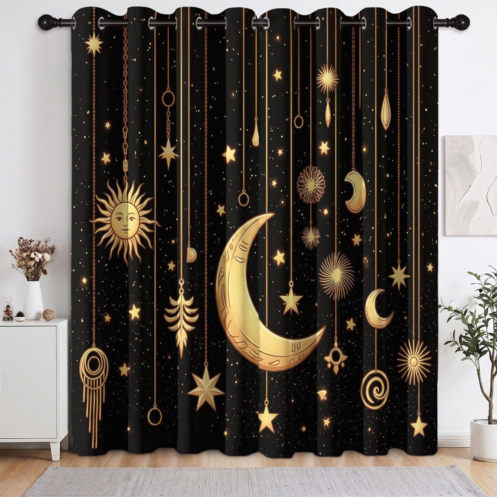 Lot de 2 Rideaux occultants Ciel Étoilé Fantastique décoration d'intérieur, Art Astrologique Univers Poussière D'Étoiles Lune Rideau Thermique avec Œillets pour Fille et garçon - 132L X 240H cm