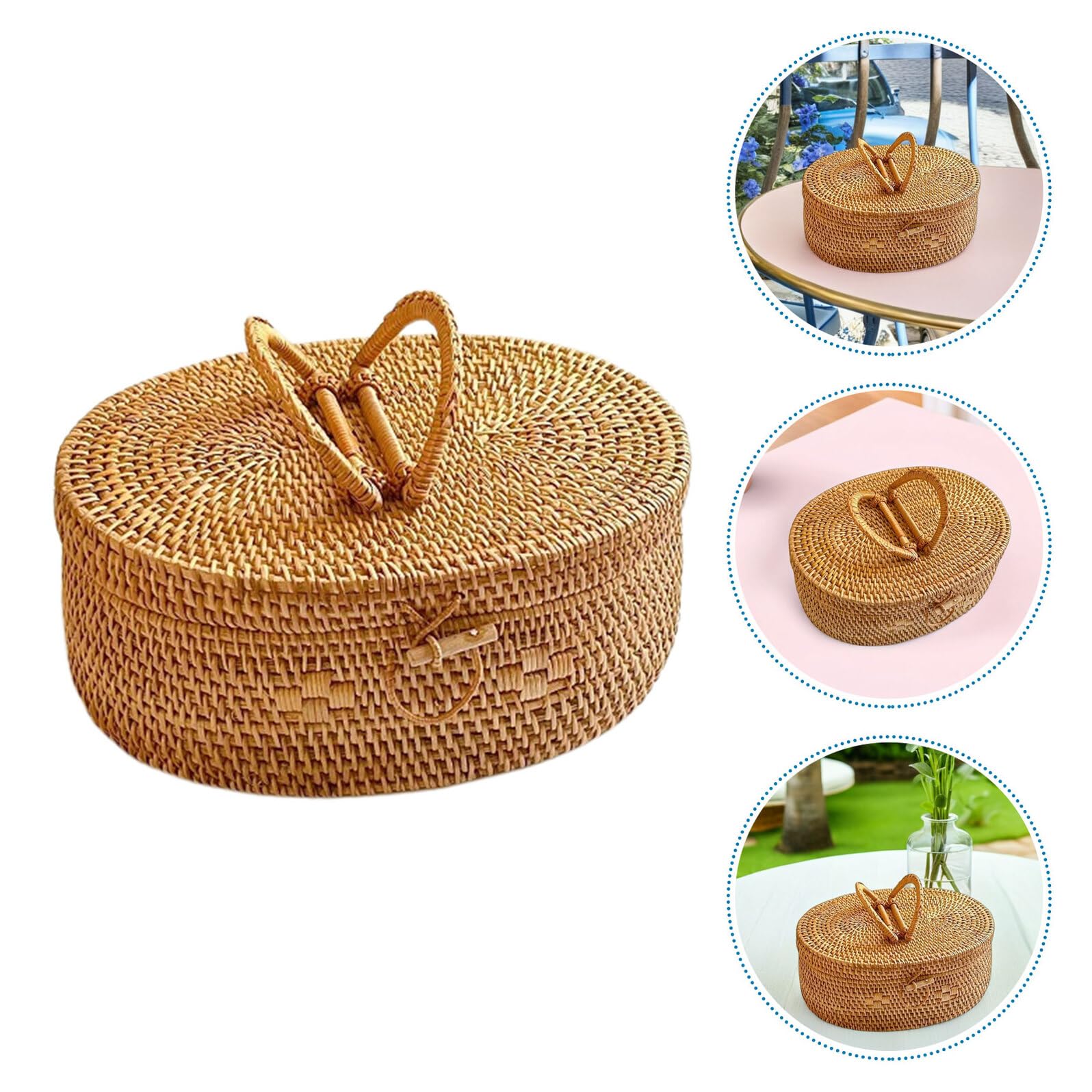 Mipcase Cestino Porta Pranzo in Rattan Intrecciato a Mano con Coperchio e Manico Organizer Portaoggetti da Picnic per Esterni Scatola Snack Portatile 30X22X12 CM per Campeggio e Gite