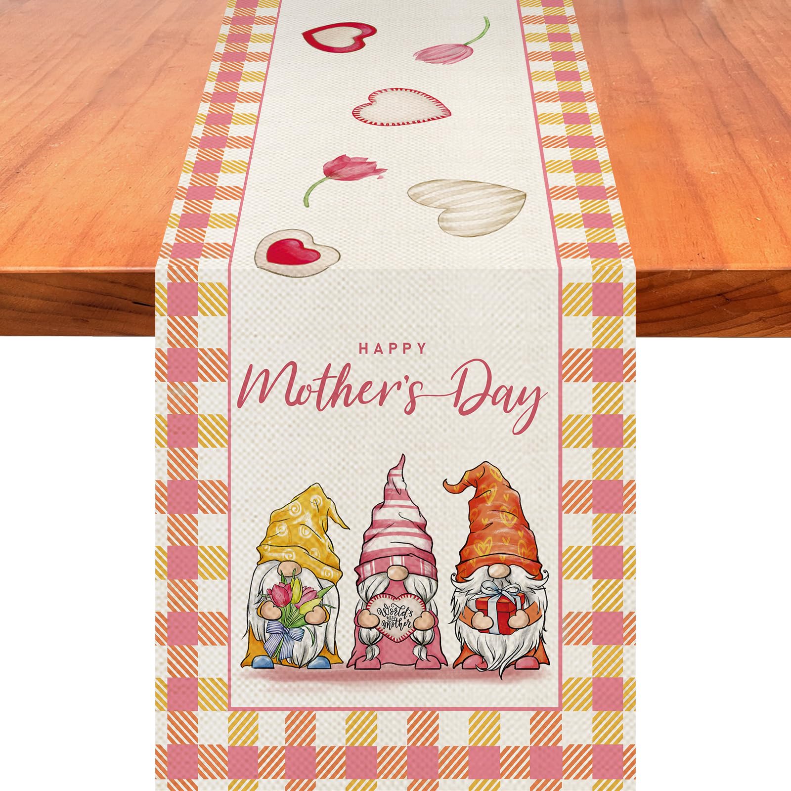PIPISASAHappy Mother's Day Table Runner Buffalo Plaid Spring Summer Three Gnomes Table Runner Holiday Kitchen Dining Table Decor for Indoor Outdoor Home Party Decoration 13 x 72 Inch