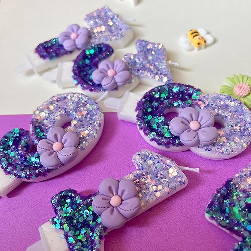 Miniatura 4 de Velas número 0, velas de cumpleaños con número de flor morada para pastel, velas de números morados que crean un ambiente romántico y cálido