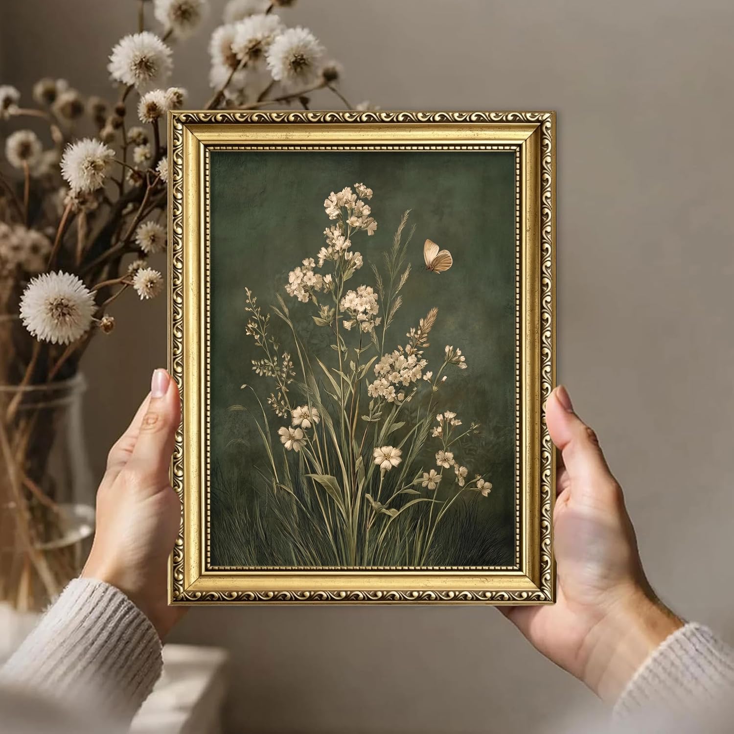 Gold Framed Vintage Botanical Wall Art, Dark Green Floral Butterfly Picture Wall Decor, Cottagecore Wildflower Canvas Print, Rustic Farmhouse Poster Painting for Living Room Bedroom 8x10in image 2