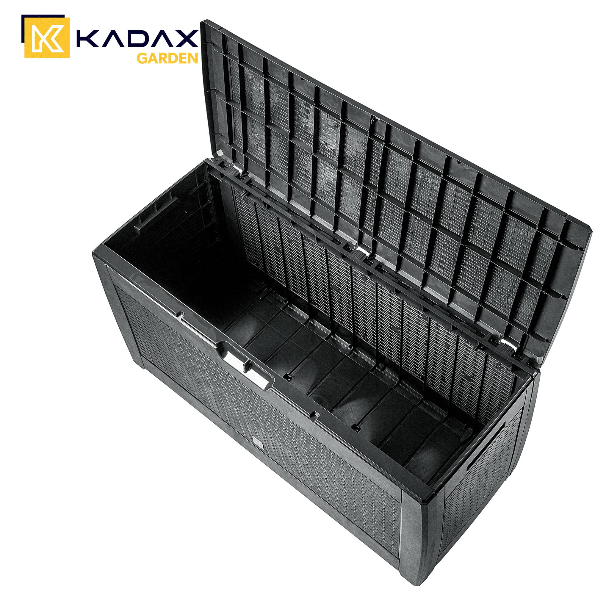 KADAX Skrzynia ogrodowa 310 l, 119x48x60 cm, antracyt, odporna na pogodę, na poduszki, zabawki i podkładki na siedziska, porządek na tarasie i w ogrodzie