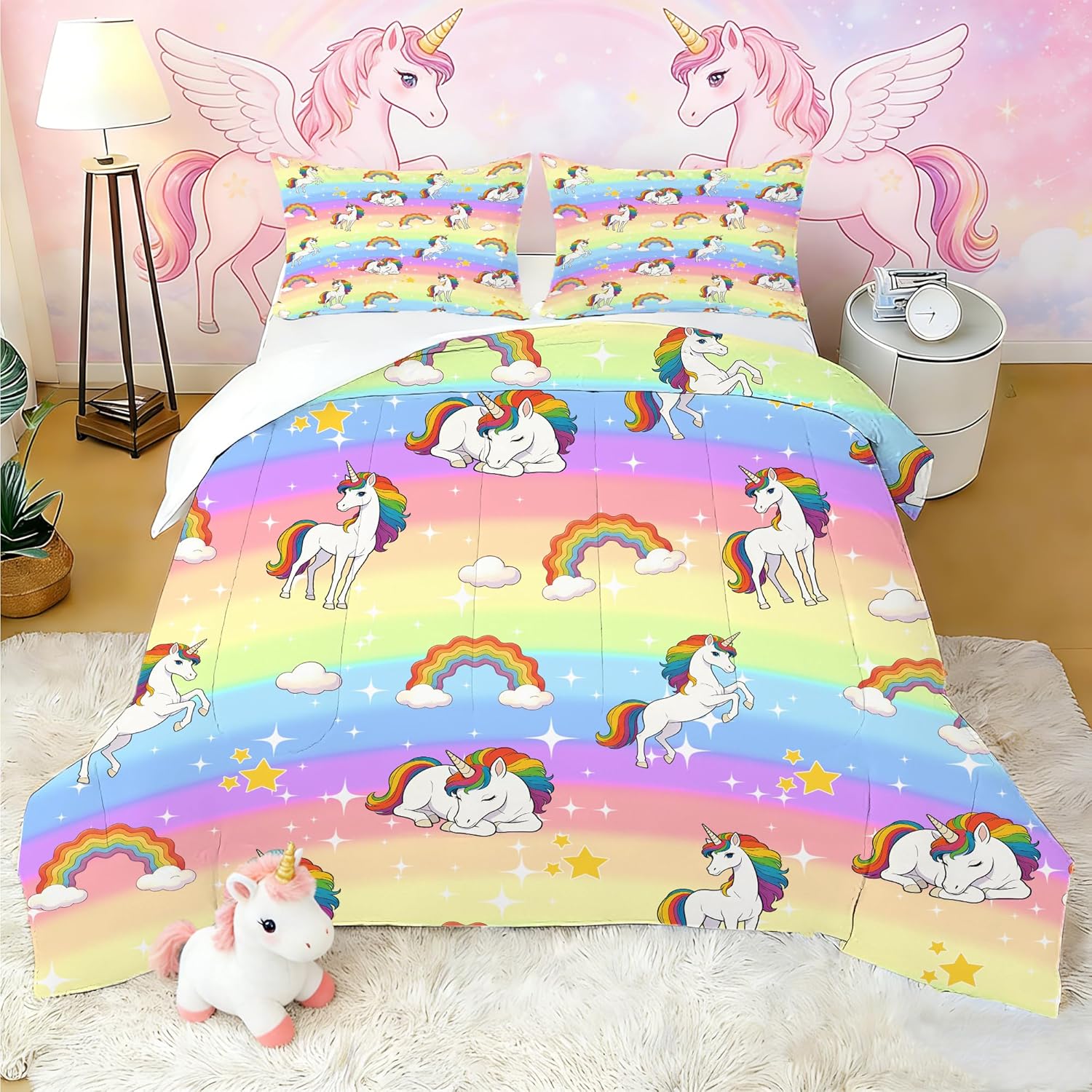 Girls Rainbow Comforter Set, Queen Size Cute Cartoon Unicorn Bedding Set for Kids Teens Adults, Glitter Colorful Quilt Duvet Bed Set, Bedroom Decor 1 Comforter & 2 Pillowcases