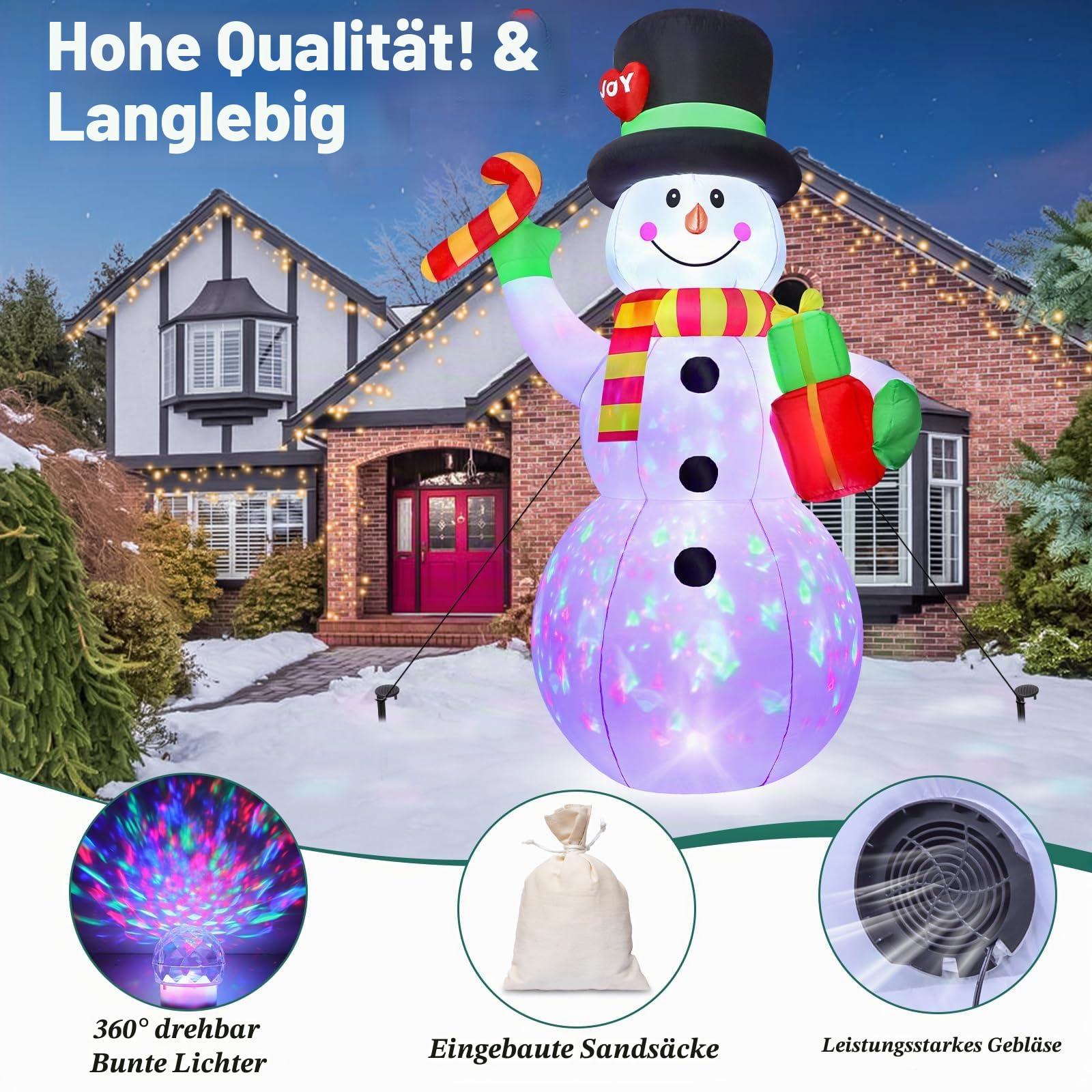 2,13 m Aufblasbarer Schneemann mit Rotierenden Bunten LED-Lichtern | Weihnachtsdeko für Außenbereich mit integriertem Gebläse | Wasserdicht & Sturzsicher für Gärten, Hof und Weihnachtsmärkte