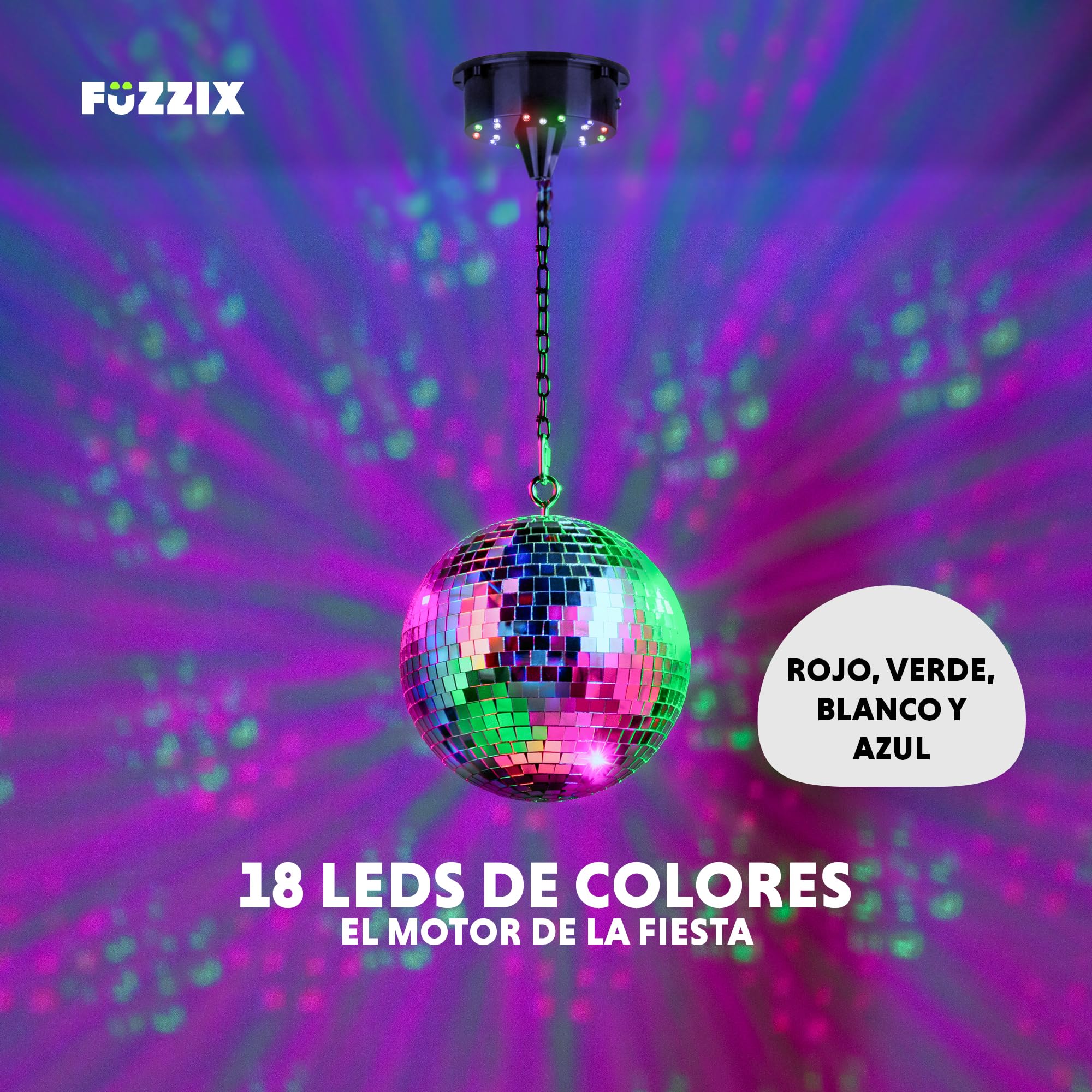 Fuzzix MB20ML Bola de discoteca. Bola de espejos a pilas de 20cm con motor LED giratorio. Bola disco para colgar con LEDs. Ideal para discoteca, bodas, fiestas, cumpleaños, salón de baile.