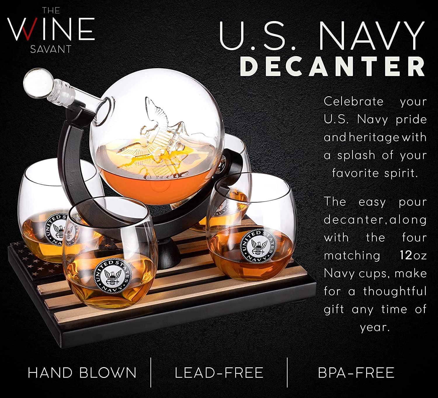 U.S. Navy Globe Whiskey Decanter Set with 4 Liquor Glasses - Veteran Gift Set with Wood Base and 9 Whiskey Stones - Present for Men, U.S.A Flag - Bourbon and Scotch Military Gifts for Dad