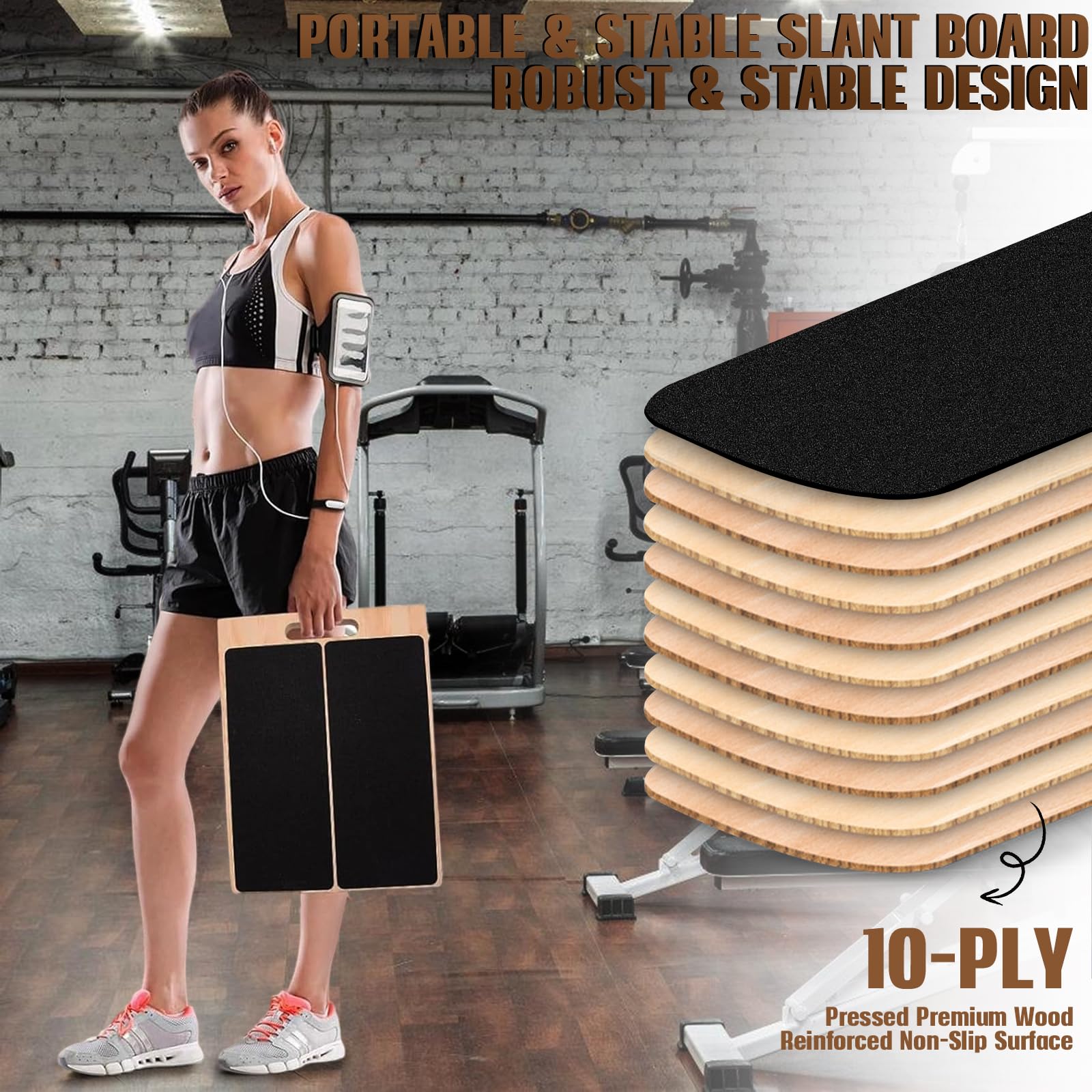 Tavola Inclinata Regolabile in Legno 40×30×4,5 cm con 5 Fasce Elastiche – Pedana Fitness Antiscivolo per Stretching, Squat, Polpacci & Riabilitazione – Con Sacca per Allenamento