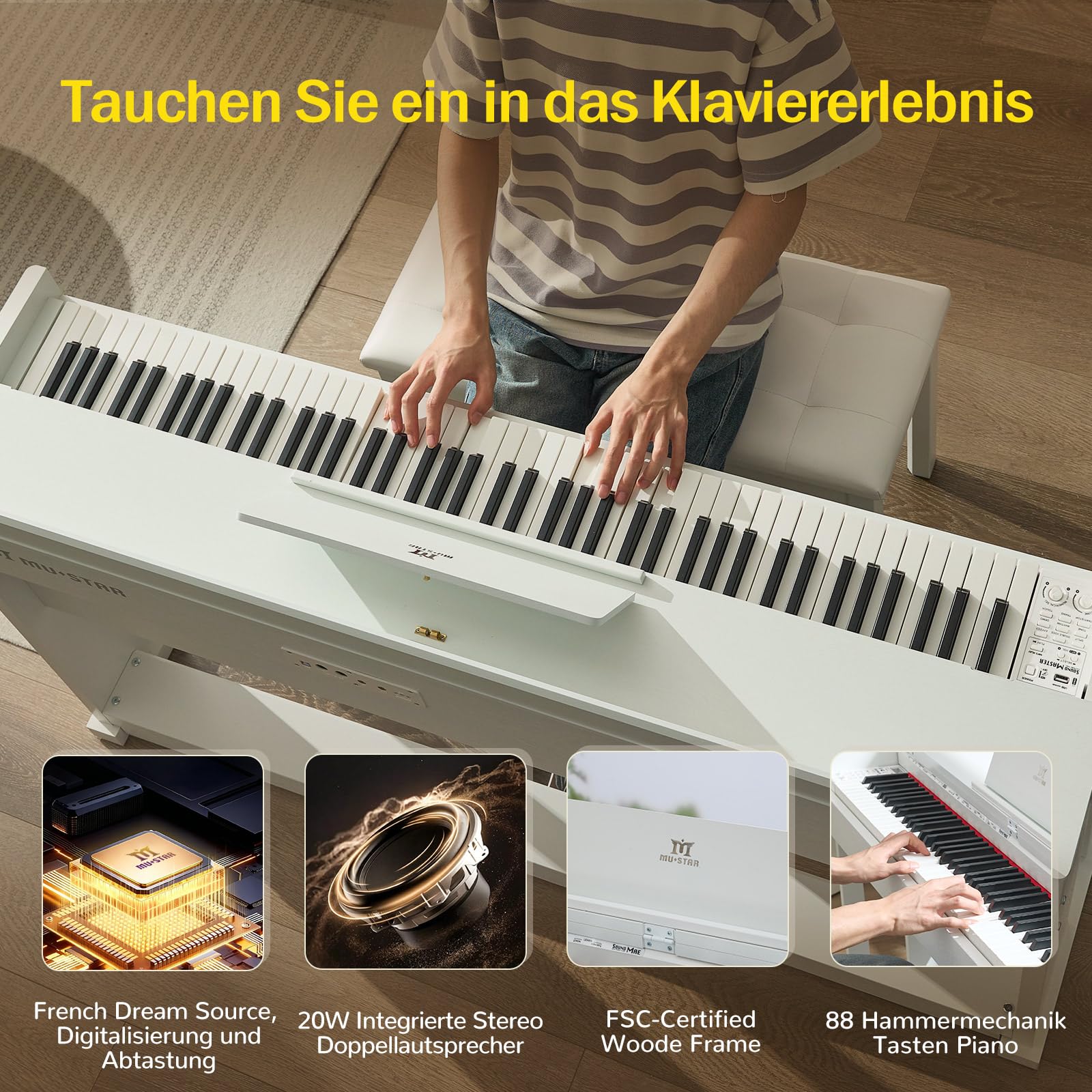 MUSTAR Piano électronique 88 touches avec mécanisme à marteaux, piano numérique, piano électronique avec 3 pédales, double système de contrôle, USB/MIDI, classique professionnel (Blanc)