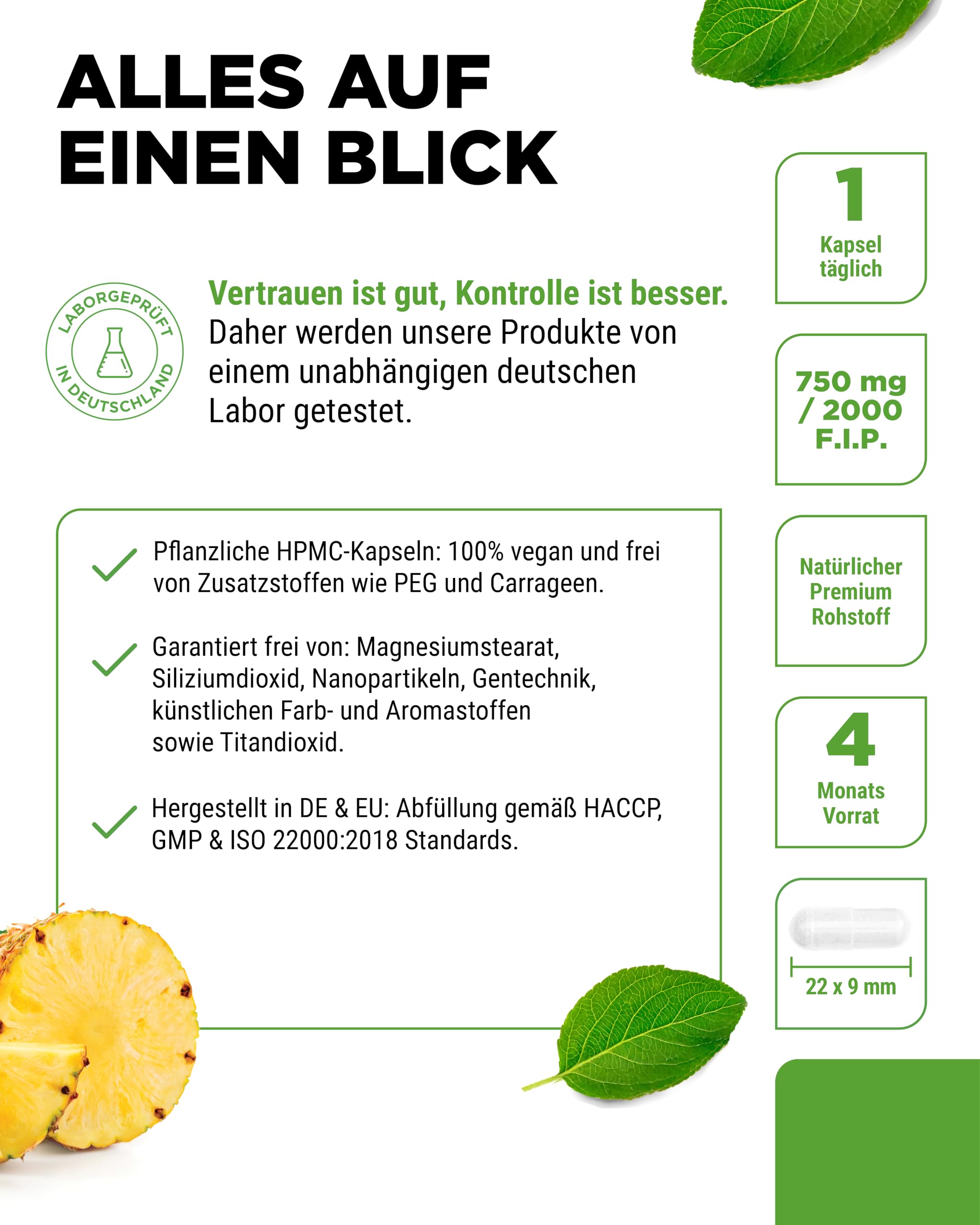 Bromelain Intenso - 750 mg (2000 F.I.P) - 120 magensaftresistente Kapseln - Natürlicher Ananas Extrakt - Laborgeprüft - Vegan - Hochdosiert