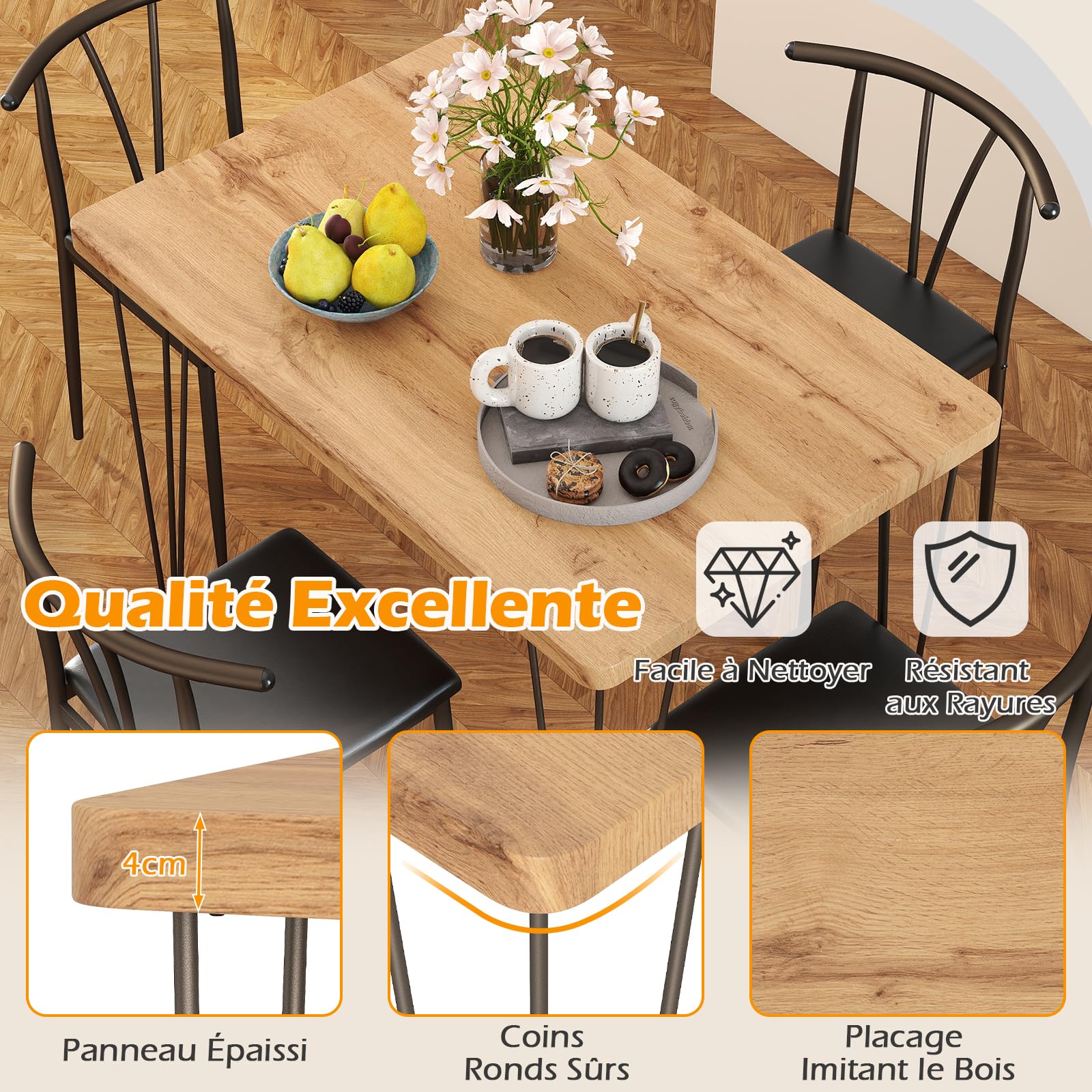 RELAX4LIFE Table à Manger avec 4 Chaises, Placage Imitant Bois
