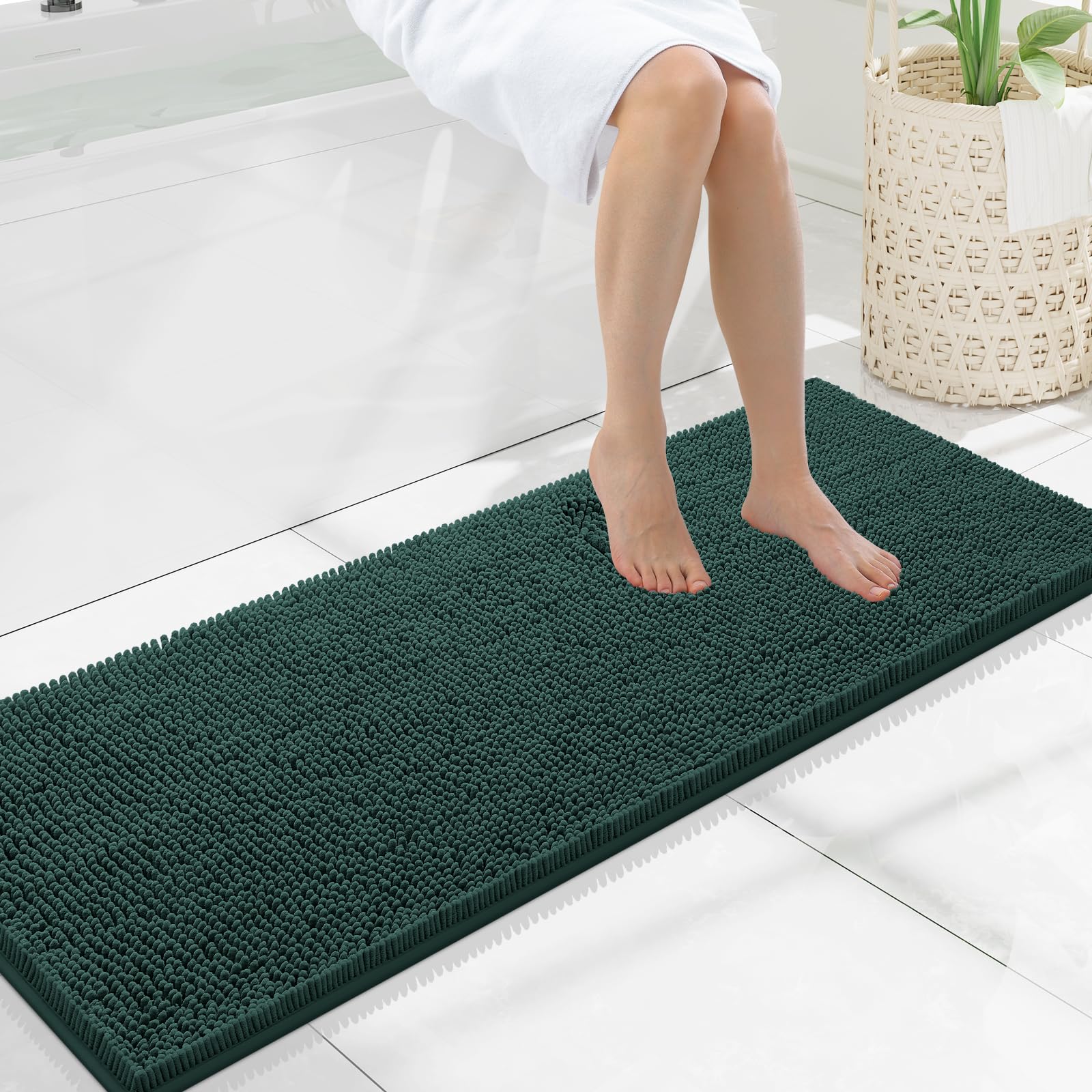 Smiry Luxury Chenille Bathroom Rugs 47x17, Extra Soft and Absorbent Shaggy Bath Mat, Machine Washable, Non-Slip Plush Carpet Runner for Tub, Shower, and Floor, Home Decor Accessories, Green