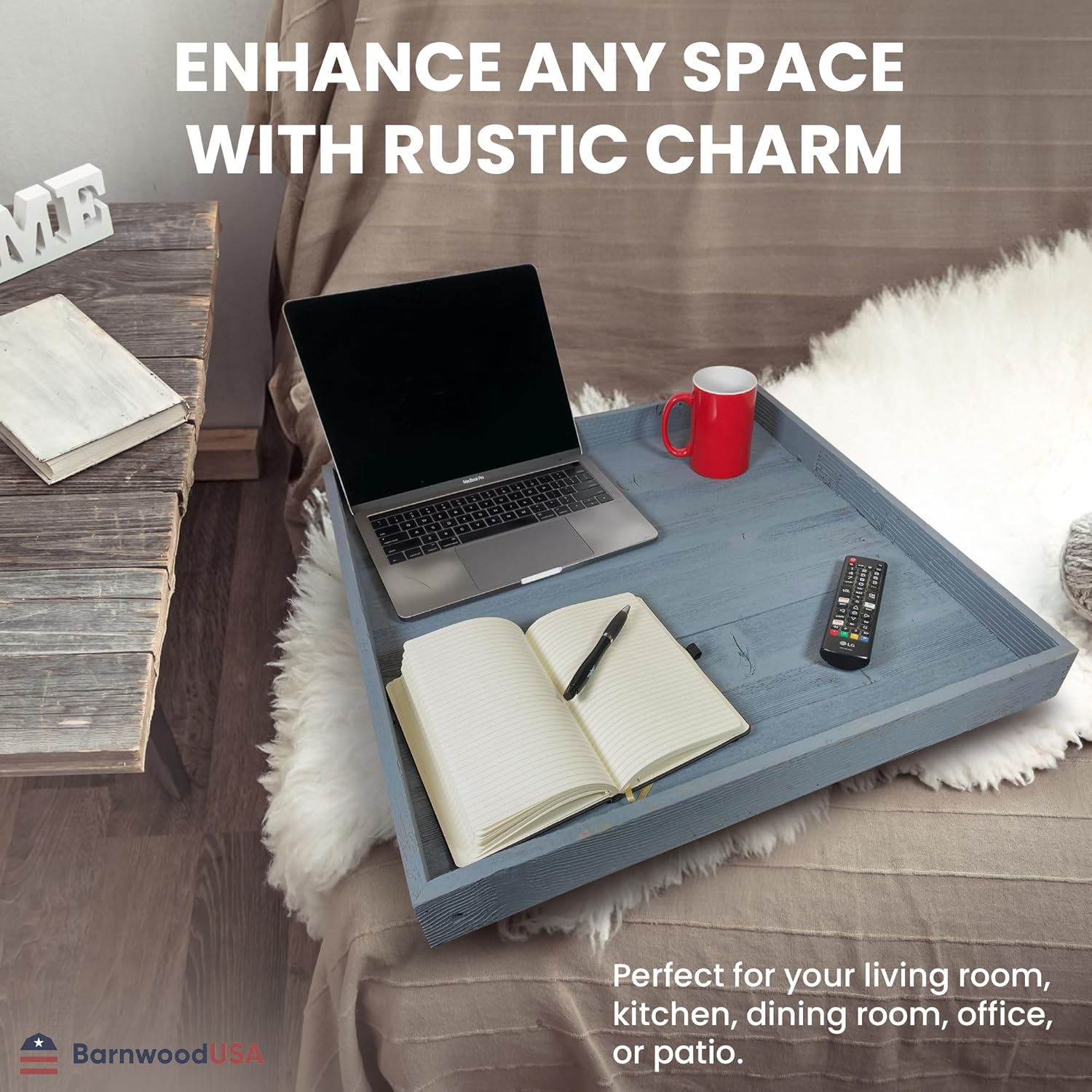 Wooden Ottoman Tray with Felt Pad – Decorative Couch Serving Tray Made with Real Rustic Reclaimed Wood - Perfect for Living Room Ottomans, Sofas, & Coffee Tables -24" x 24"- Slate Blue