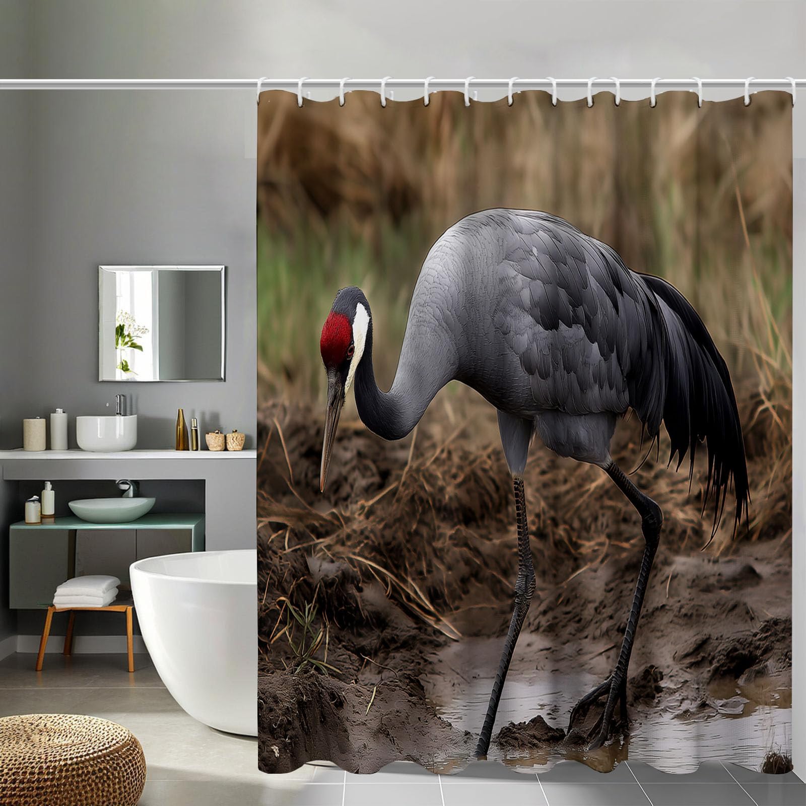 Rideau de douche polyester gris kaki animal pour cabine de douche