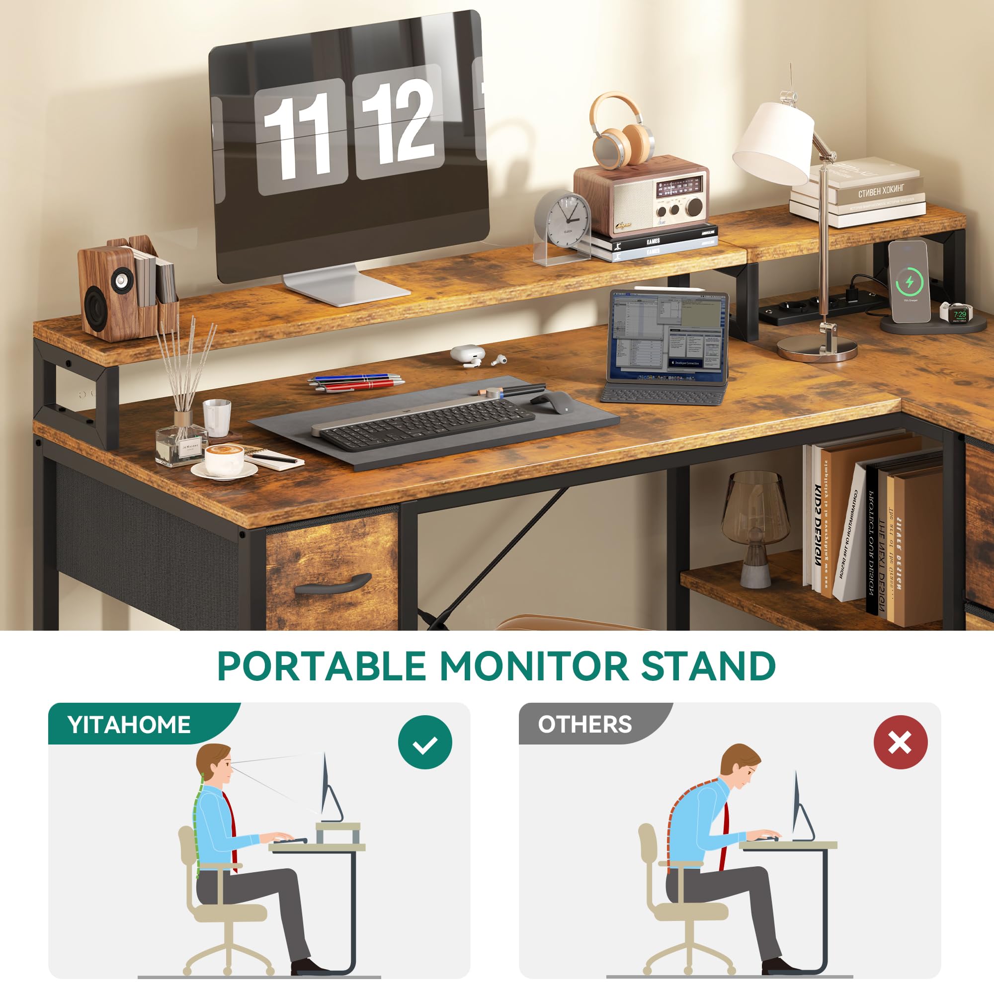 YITAHOME L Form Schreibtisch mit USB Ladeanschluss und Steckdose,Reversible Eckschreibtisch mit 4 Schubladen und Regal,Gaming Schreibtische mit Monitorständer,140x100 cm Computertisch für Büro,braun