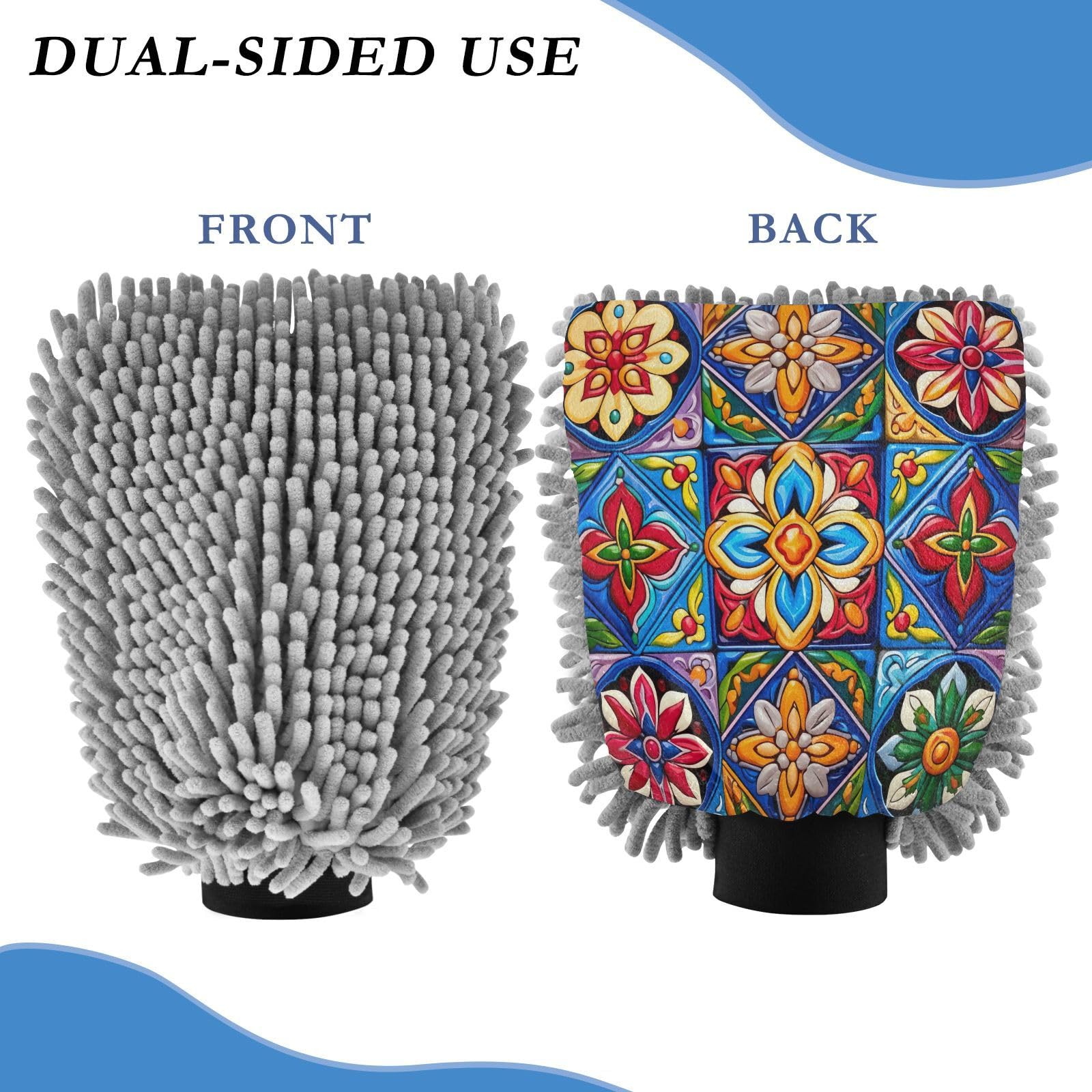 Flradish 2 Pack Mandala Pattern Car Wash Mitt Chenille Microfiber Lint-Free Scratch Free Ultra-Soft Absorbent Car Wash Mitt 11.8x8.07 Inch