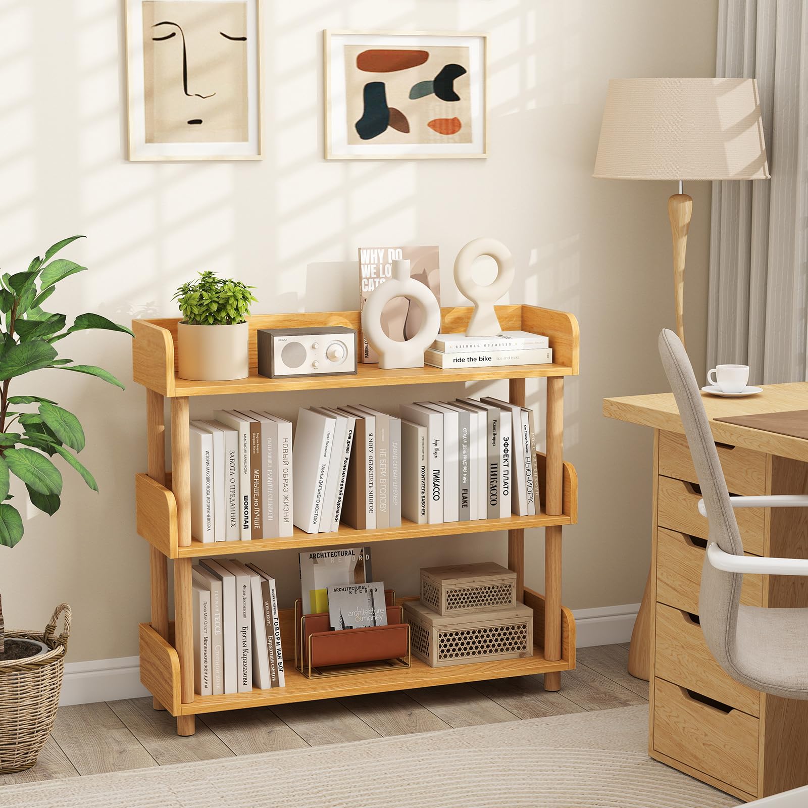 COSTWAY Libreria Verticale a 3 Livelli, Scaffale per Libri Aperto con Gambe in Legno di Pino,Protezione dei Bordi e Kit Antiribaltamento, Libreria Scaffale da Terra per Soggiorno e Camera da Letto