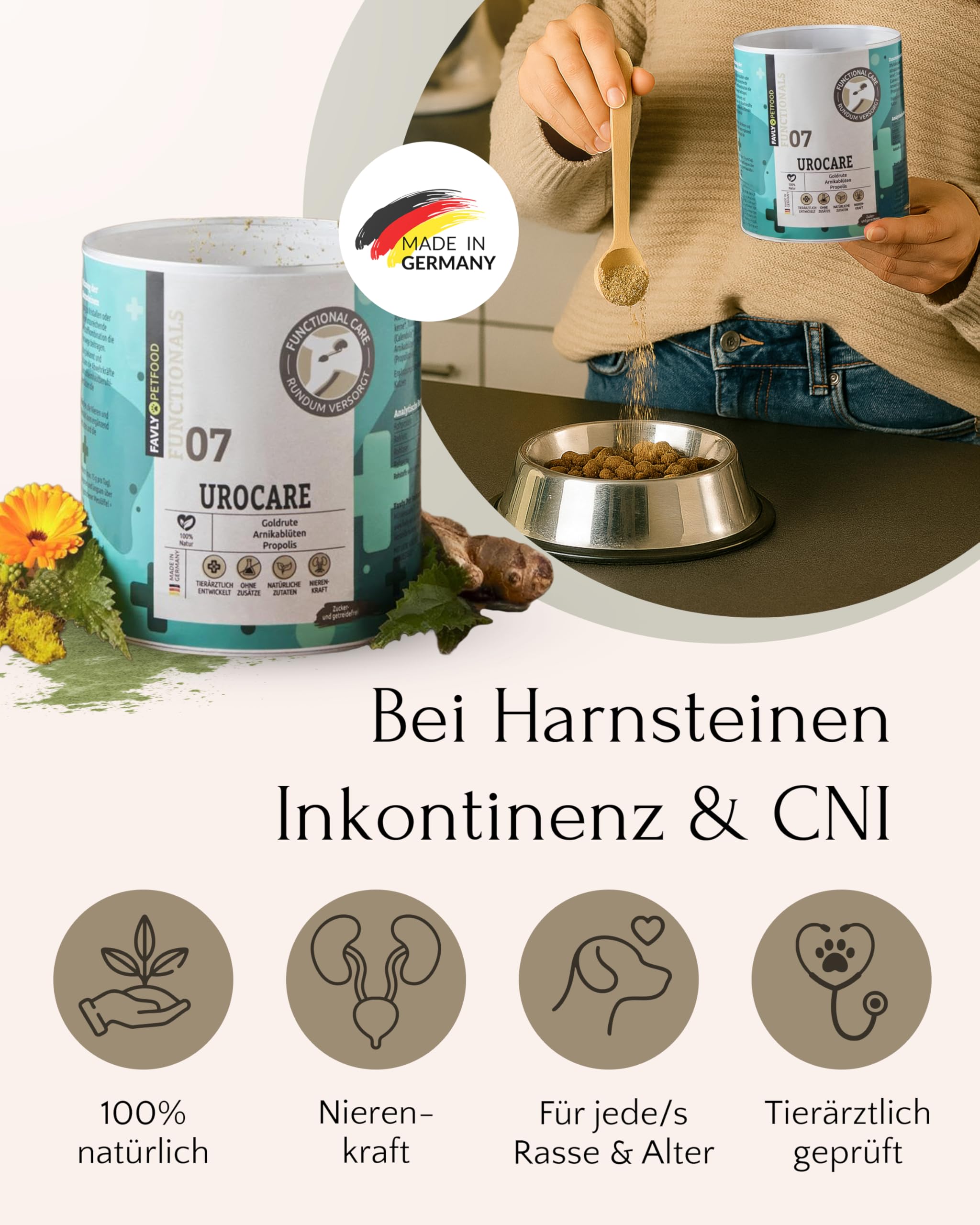 FAVLY – UROCARE Nieren & Blase Pulver 250g für Hunde & Katzen – Futtertopping zur Unterstützung bei Harnstein, Infekt & CNI – mit Arnika, Propolis, Ringelblume & Kokos – Ohne Getreide & Zusätze