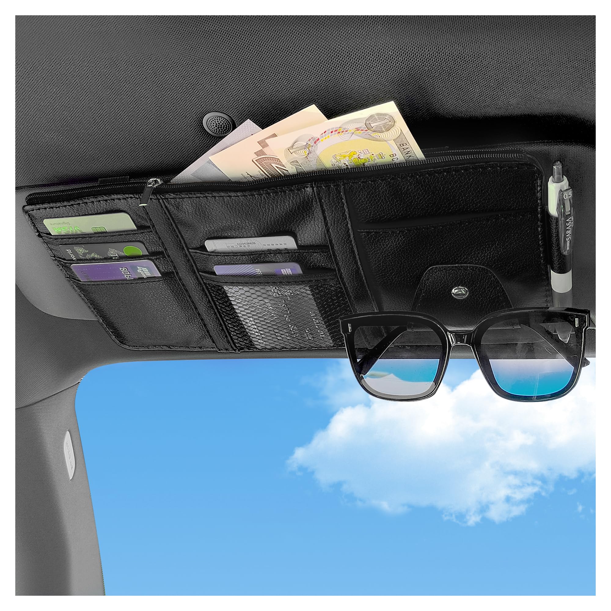 OFBAND Car Visor Organizer with Sunglass Holder,Multi-Functional Car Sun Visor Organizer with Zipper for Cards,Money,Tickets,Leather Interior Accessories (Black)