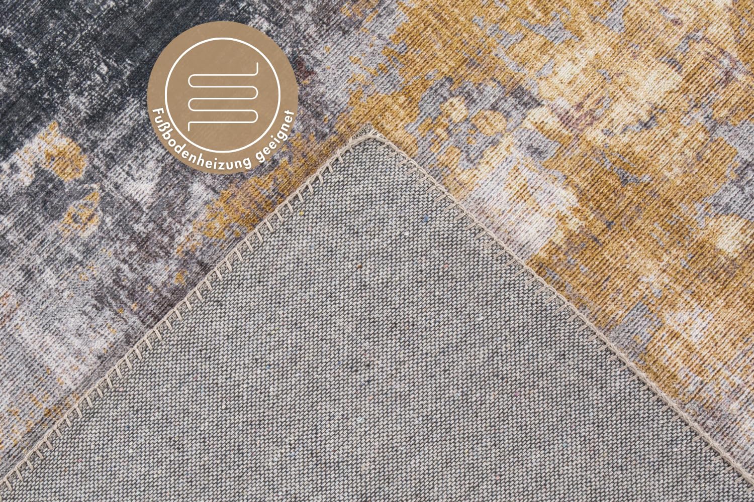 -LUXOR- living Teppich Wohnzimmer Prima im Vintage Design - Wohnzimmerteppich Teppich Kurzflor Digitaldruck in zeitlosem Design Grau-gelb 80 x 150 cm