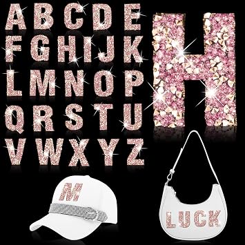 26Pcs Iron on Letters Patches Rhinestone Letter Iron on Patches Glitter Self Adhesive Alphabet A-Z Bling Rhinestone Letters Applique Crystal Patch for Clothing Hats Jeans Repair DecorRose Gold&Pink
