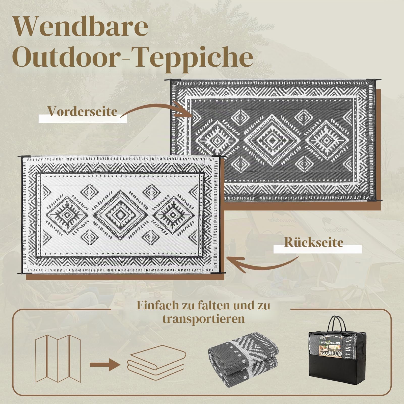 OMERAI Outdoor Teppich Wetterfest Garten Balkon Teppiche Terrasse Wasserdicht Leichtgewicht Reversible Outdoor Recycled Kunststoff UV Beständig Camping Teppich Garten Matte, Grau 180X270CM