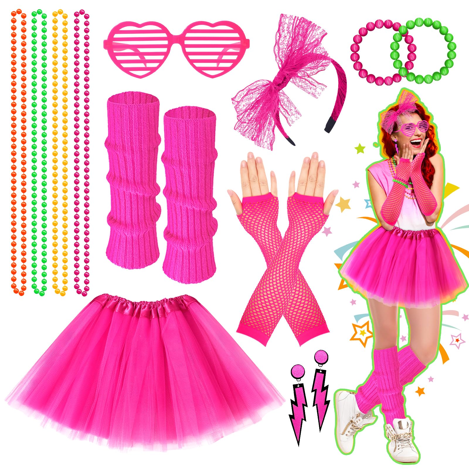 Aopier 80s Fancy Dress for women 1980s Retro Costume Outfits Accessories Set Tutu Skirt Necklace Leg Warmers Gloves Earrings Lace Headband Glasses Bracelets Hair Ties for 80s 90s Neon Party (Style 2)