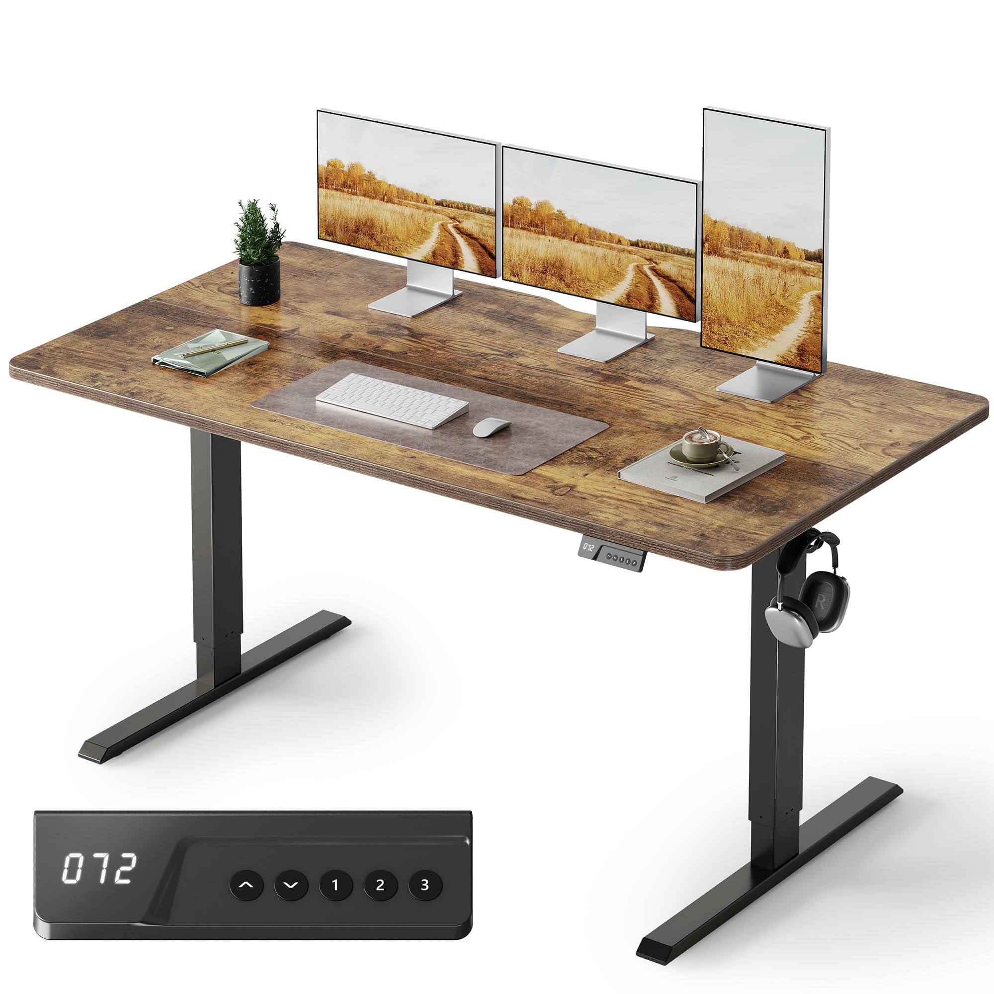 FEZIBO Standing Desk, 63×28 Inches Electric Height Adjustable, Sit Stand Up, Computer Office Desk with Splice Board, Black Frame/Rustic Brown TOP