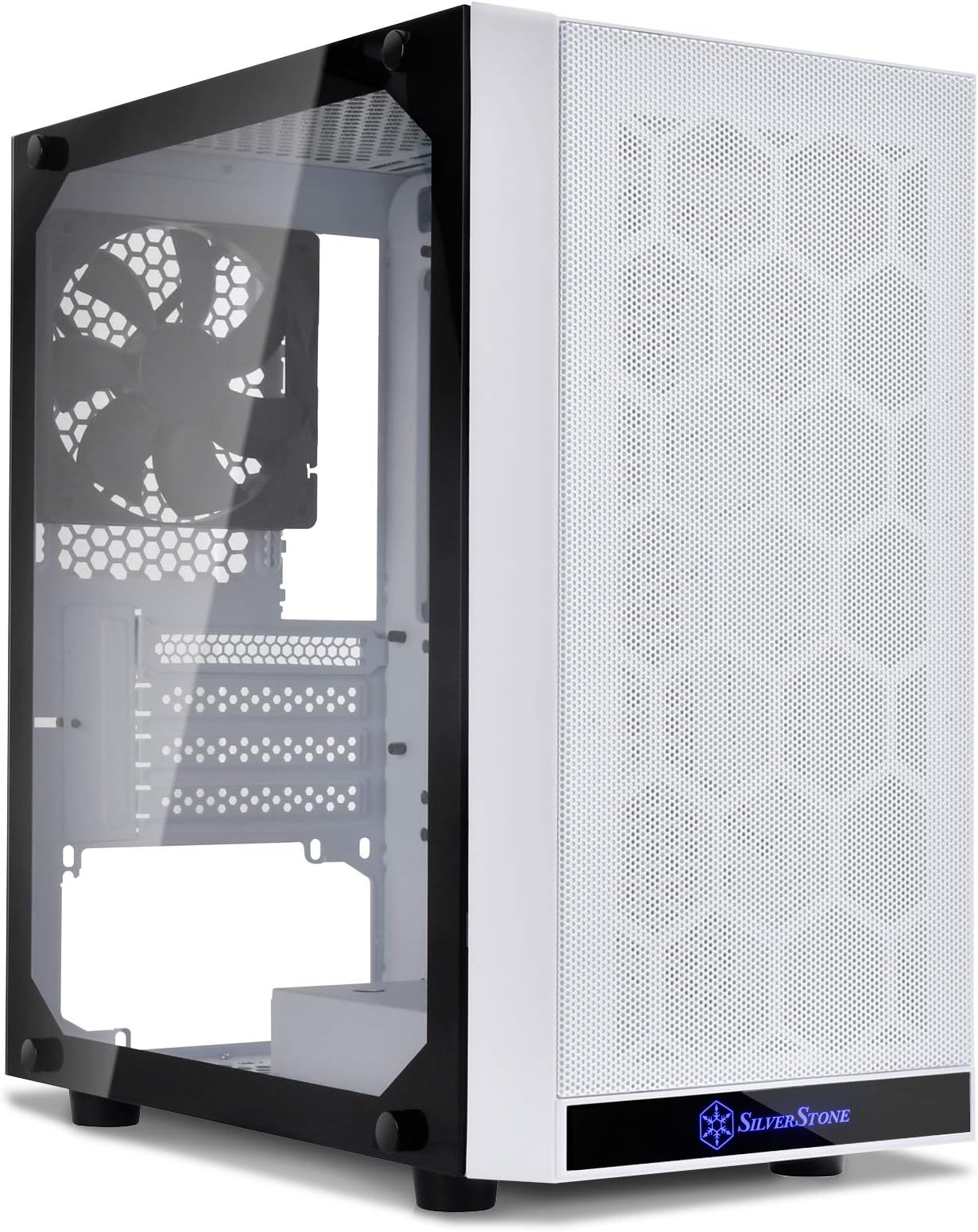 SST-PS15W-G (White + Tempered Glass Window) Micro-ATX, Mini-DTX, Mesh Front Panel, Steel Body, Tempered Glass Side Panel