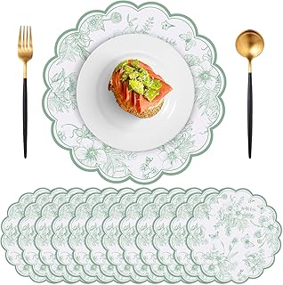 60 Pcs Sage Green Floral Paper Placemat, 13.5 Inch Disposable Scalloped Table Mats Wedding Placemats,Vintage Floral Banquet Place Mats for Table Setting Wedding Bridal Tea Party Wildflower Party Decor