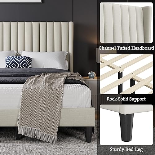 Miniatura 66 de Yaheetech - Base de cama matrimonial, plataforma tapizada con cabecera de borde ala, base de colchón de tela capitoné cuadrada, soporte de listones