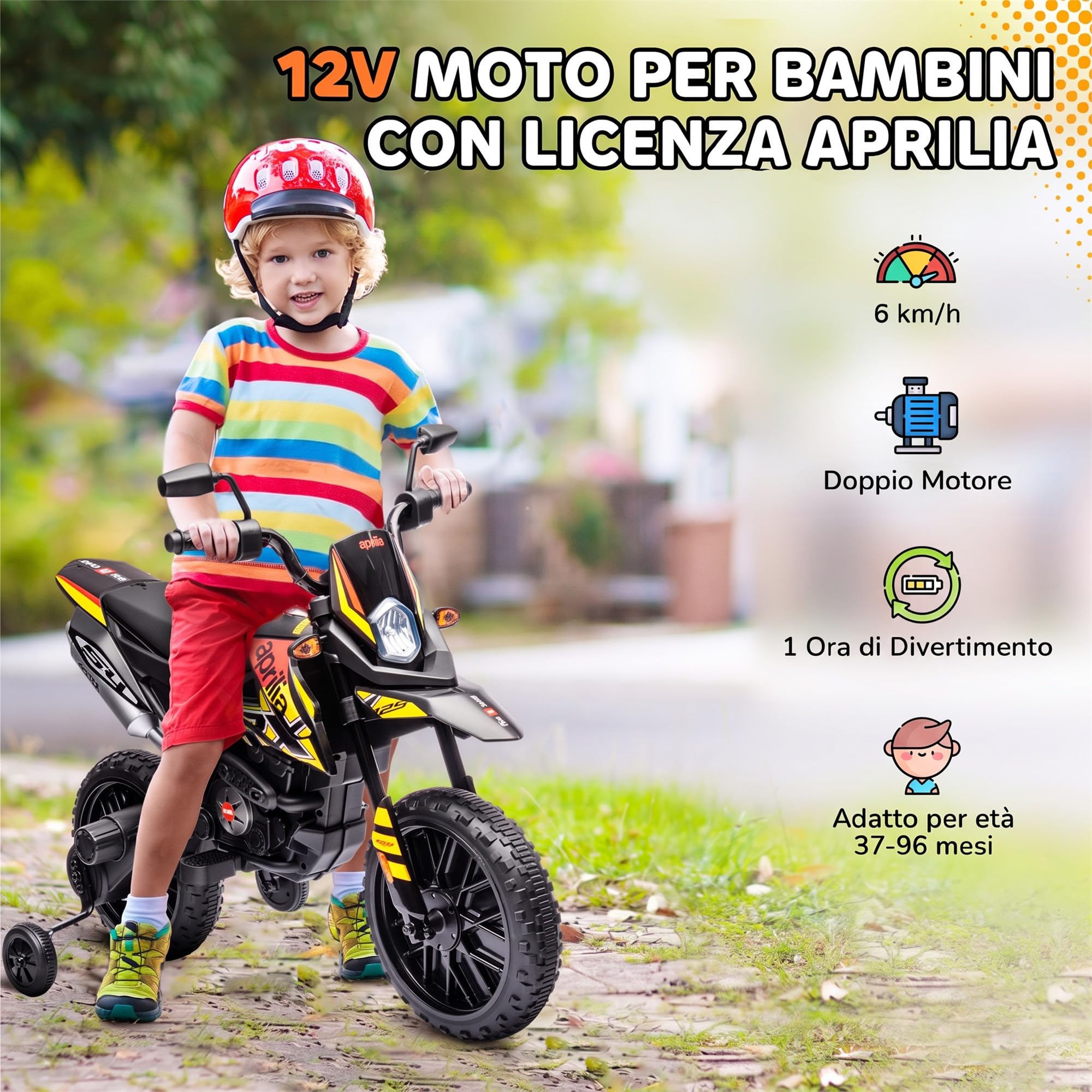 AIYAPLAY 12V APRILIA Moto Elettrica per Bambini 37-96 Mesi, Giallo