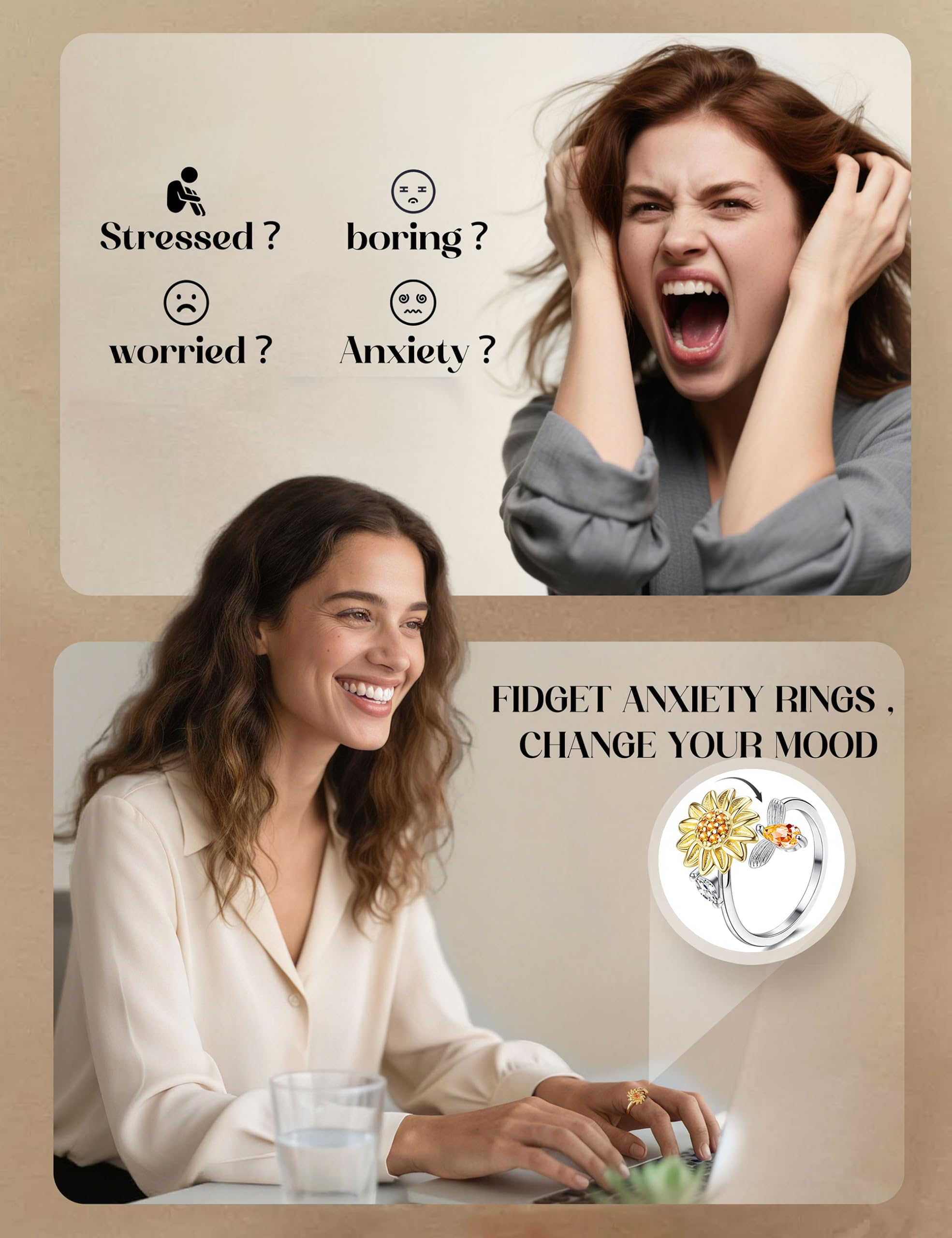 Krfy Anxiety Ring Spinner Angst Ringe für Damen Silber Fidget Ringe Sonnenblumen Set Zirkonia Zappelringe,Verstellbar Stapelbare Anti Stress Ring für Damen Tochter Geburtstags-Party-Geschenkel