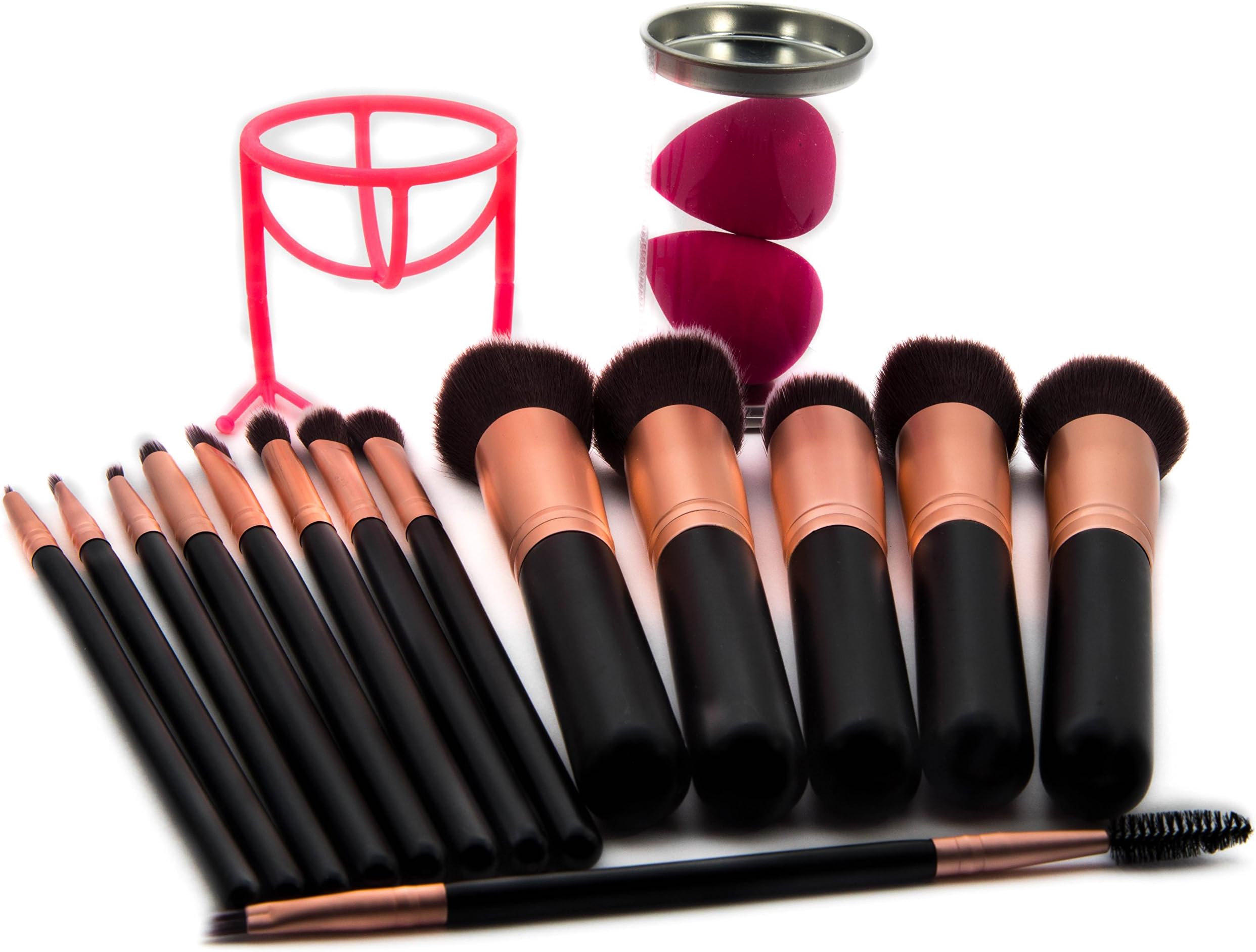 Imagin1 Ultra Premium 14 Pc. Synthetic Makeup Brush Set Foundation Powder, Concealers. Eye Shadow (Rose Gold) Earth Friendly. Includes 2 Makeup Blending Sponges with Holder (Pink Sponge Set)