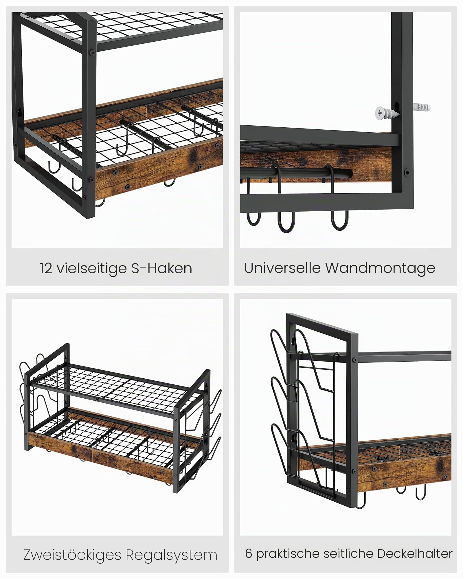 CHOEZON Wandmontiertes Küchenregal, 2-stöckiger Topfdeckelhalter, Topf-Rack, Pfannenhalter, Geschirr- und Küchenutensilienhalter, Küche Wandregal mit 12 Haken, Vintagebraun und Schwarz DTPR02BF