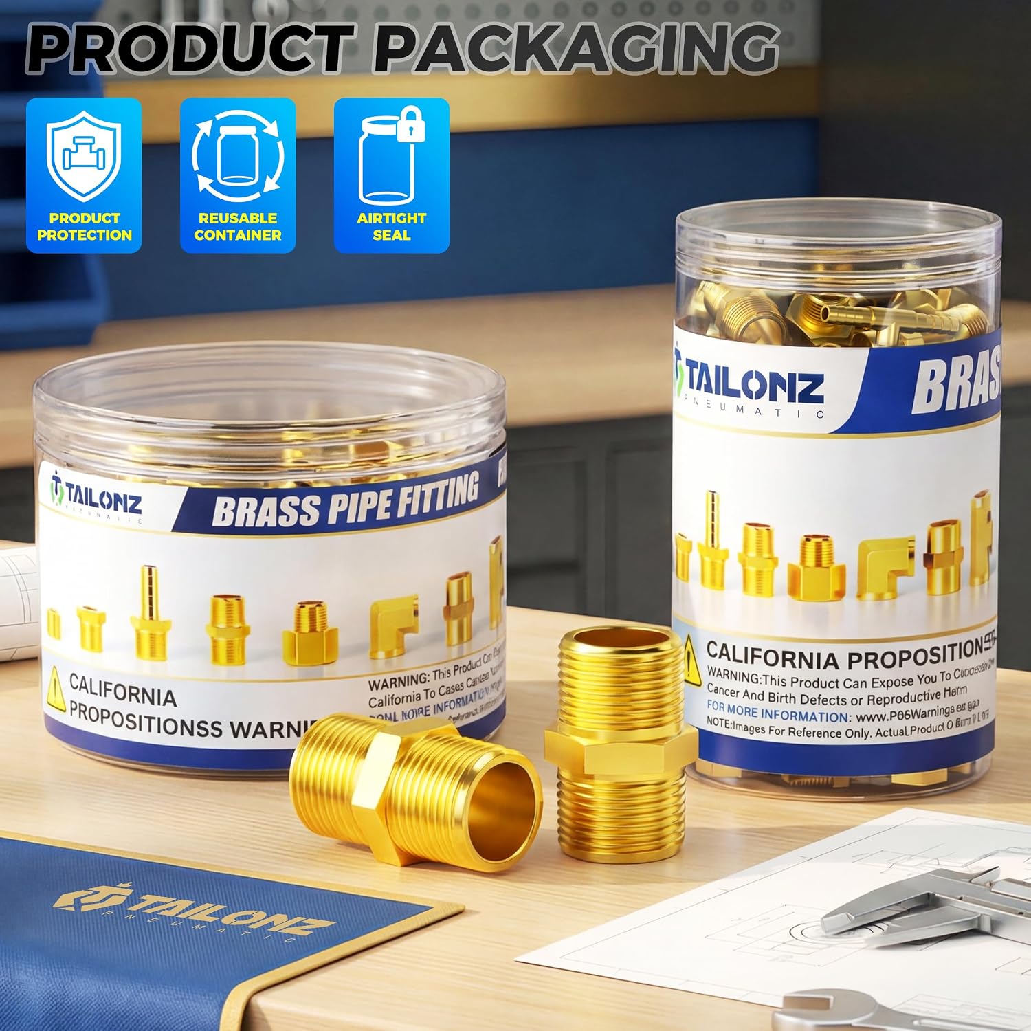 TAILONZ PNEUMATIC 1/2 Inch NPT Male Pipe Hex Nipple, Brass Pipe Fitting（Pack of 15）