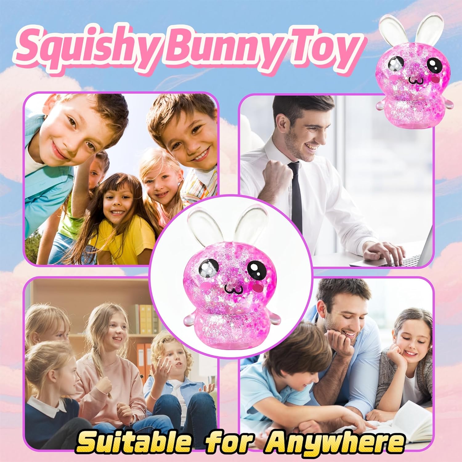 Squishy Bunny Sugar Stress Balls, Bunny Sugar Ball Fidget Toys, Glitter Rabbit Squishy Toys for Adults & Kids, Kawaii Rabbit Sensory Squishies, Easter Basket Stuffers (Pink)